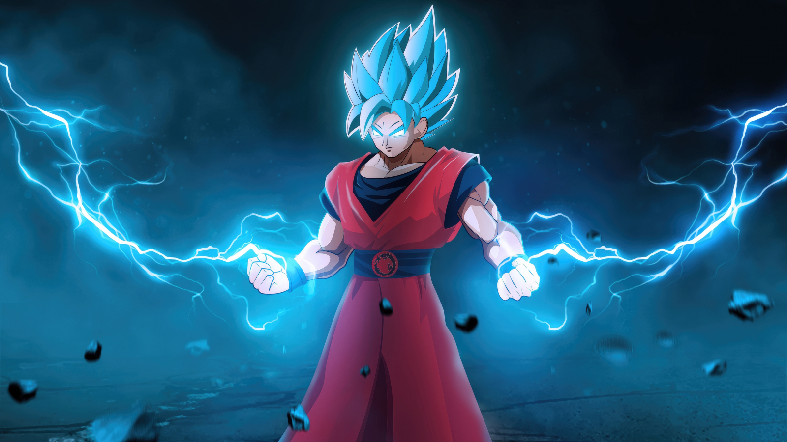 Goku with lightening powers, blue, anime, 1600x900 wallpaper