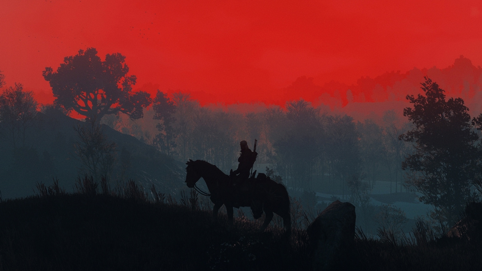 The Witcher 3, Geralt, sunset, silhouette, 1600x900 wallpaper
