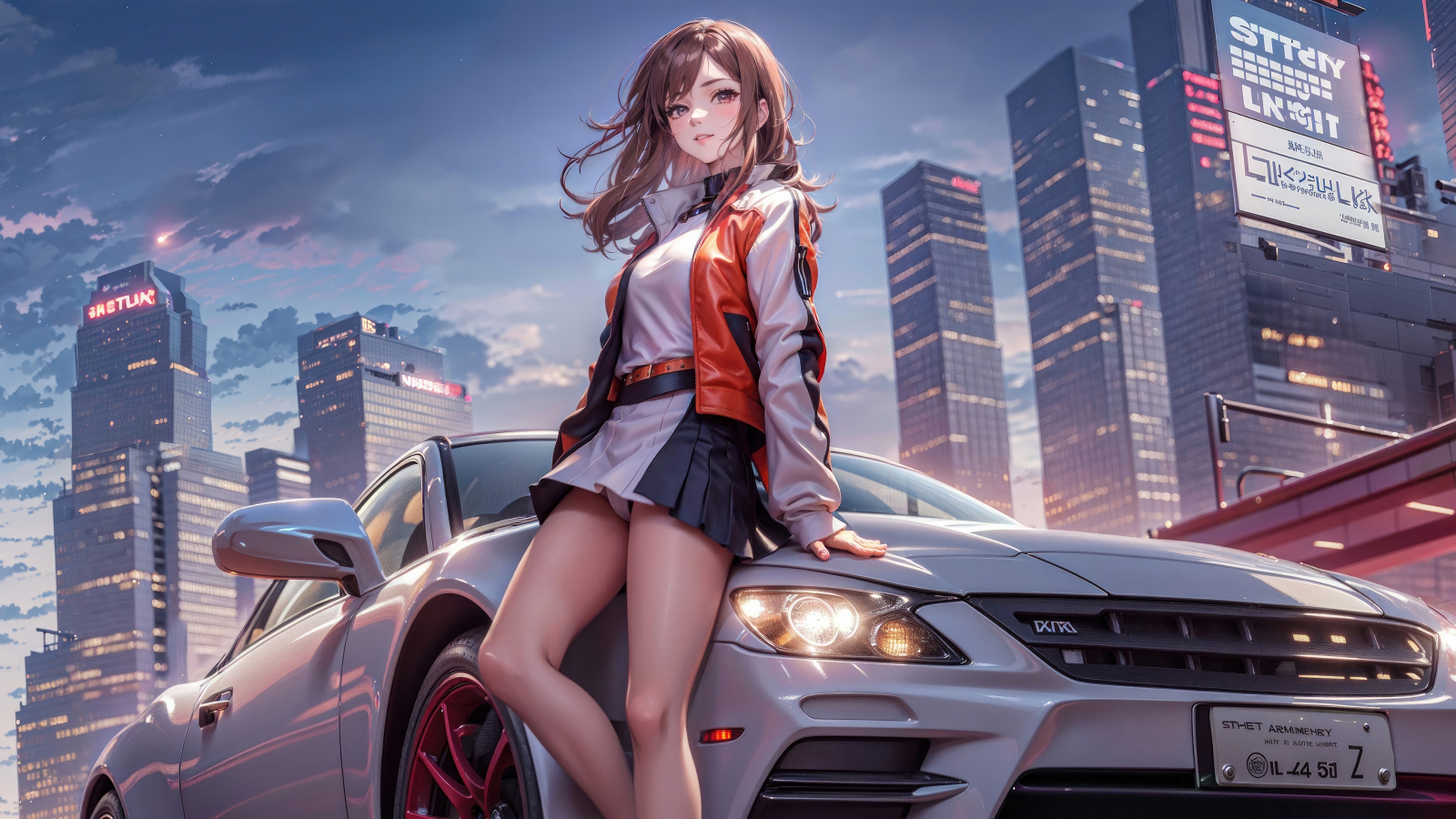 Anime girl with a car, beautiful, art, 1600x900 wallpaper