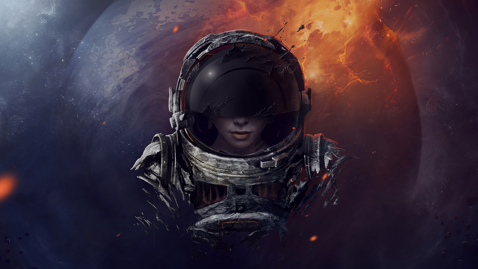 Girl astronaut, artwork, fantasy, 1600x900 wallpaper