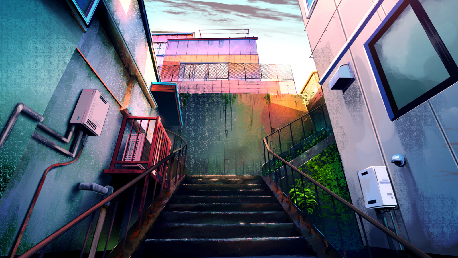 Download wallpaper 1600x900 town, apartments, city, stair, anime, 16:9  widescreen 1600x900 hd background, 17121