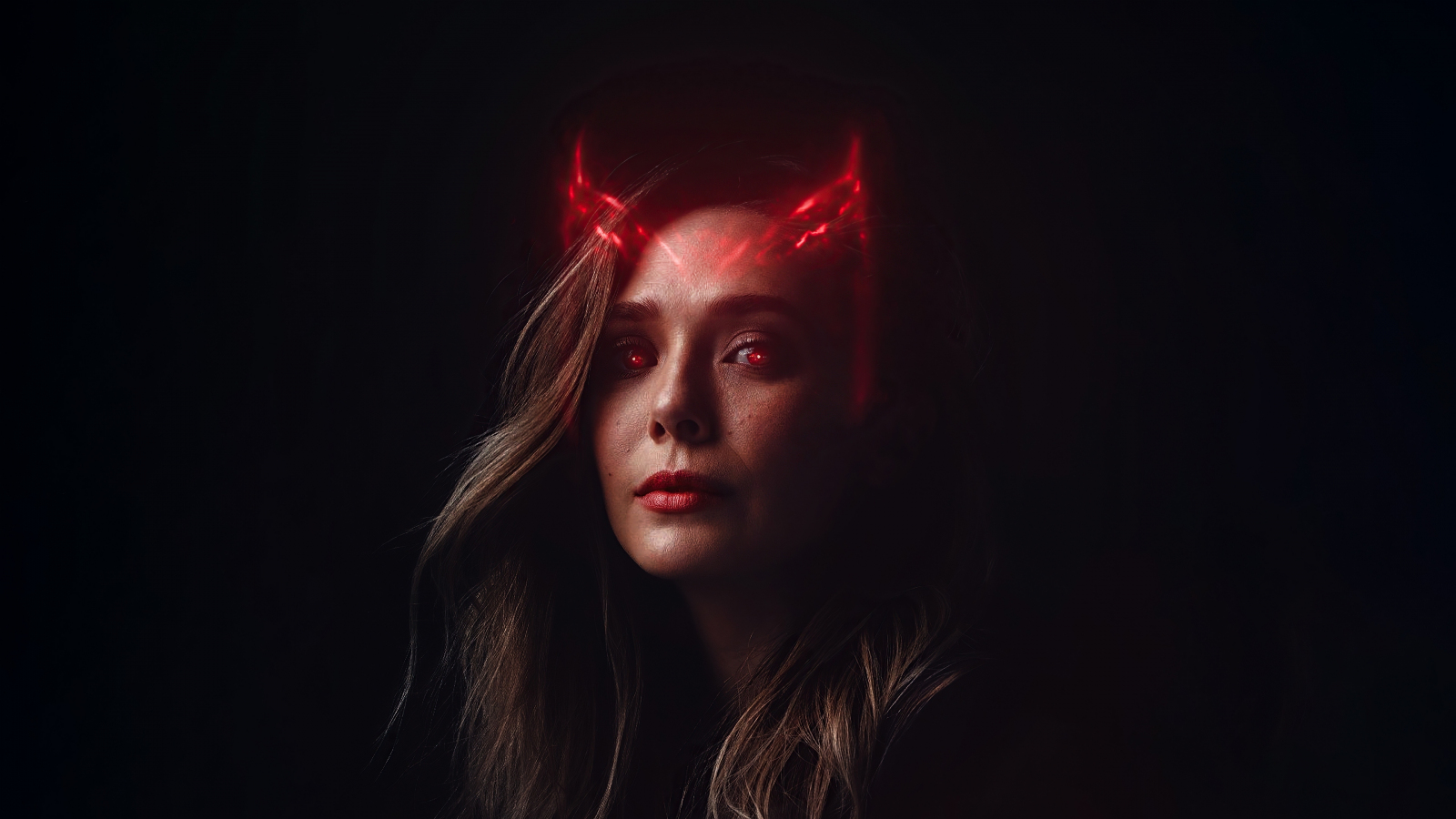 Scarlet Witch, red glowing eyes, art, 1600x900 wallpaper