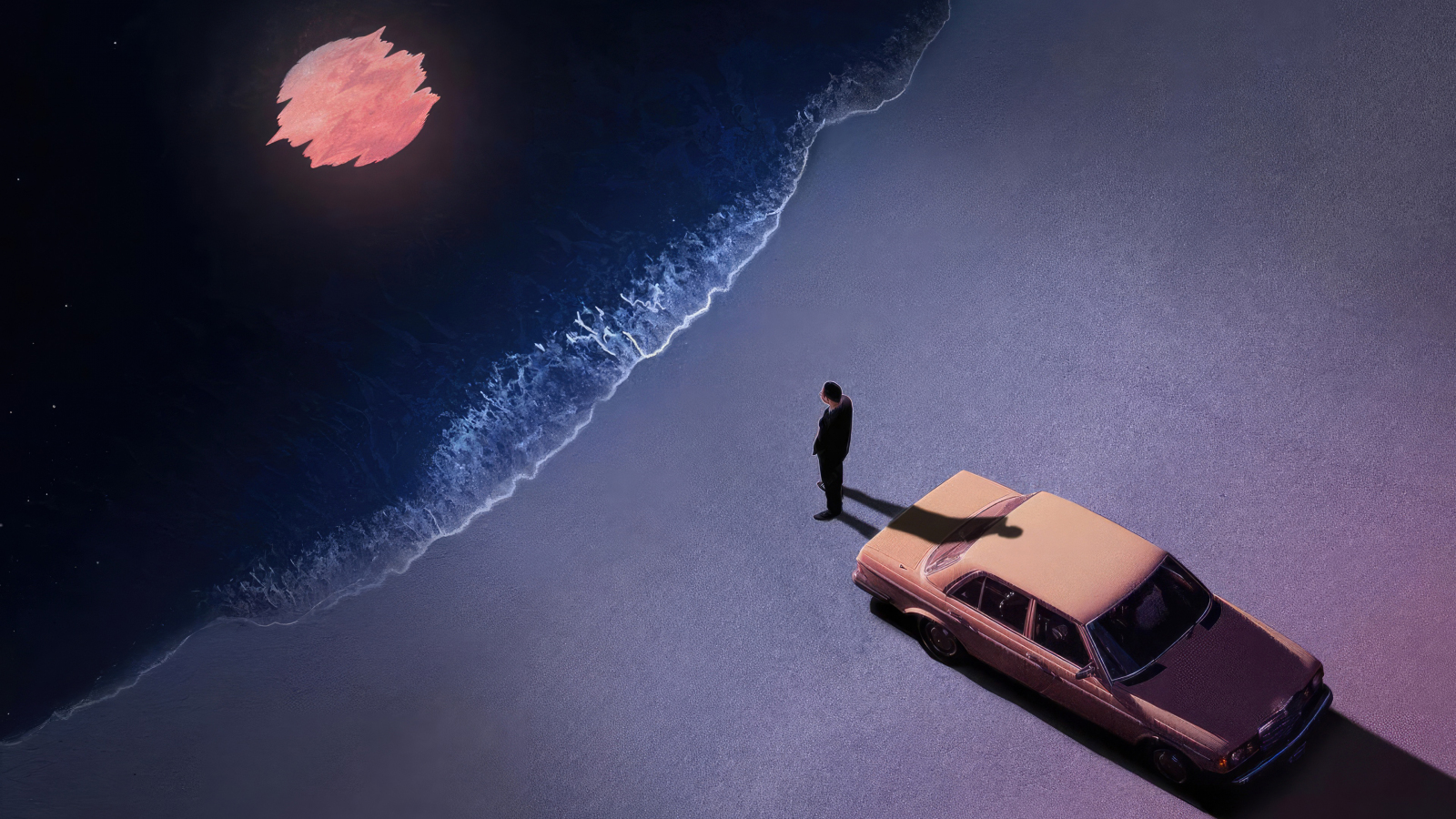 Lonely at night at the beach, car and man, art , 1600x900 wallpaper