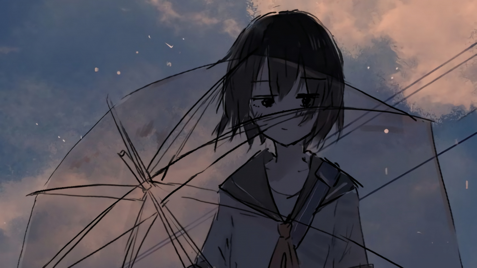 Anime girl and umbrella, art, 1600x900 wallpaper