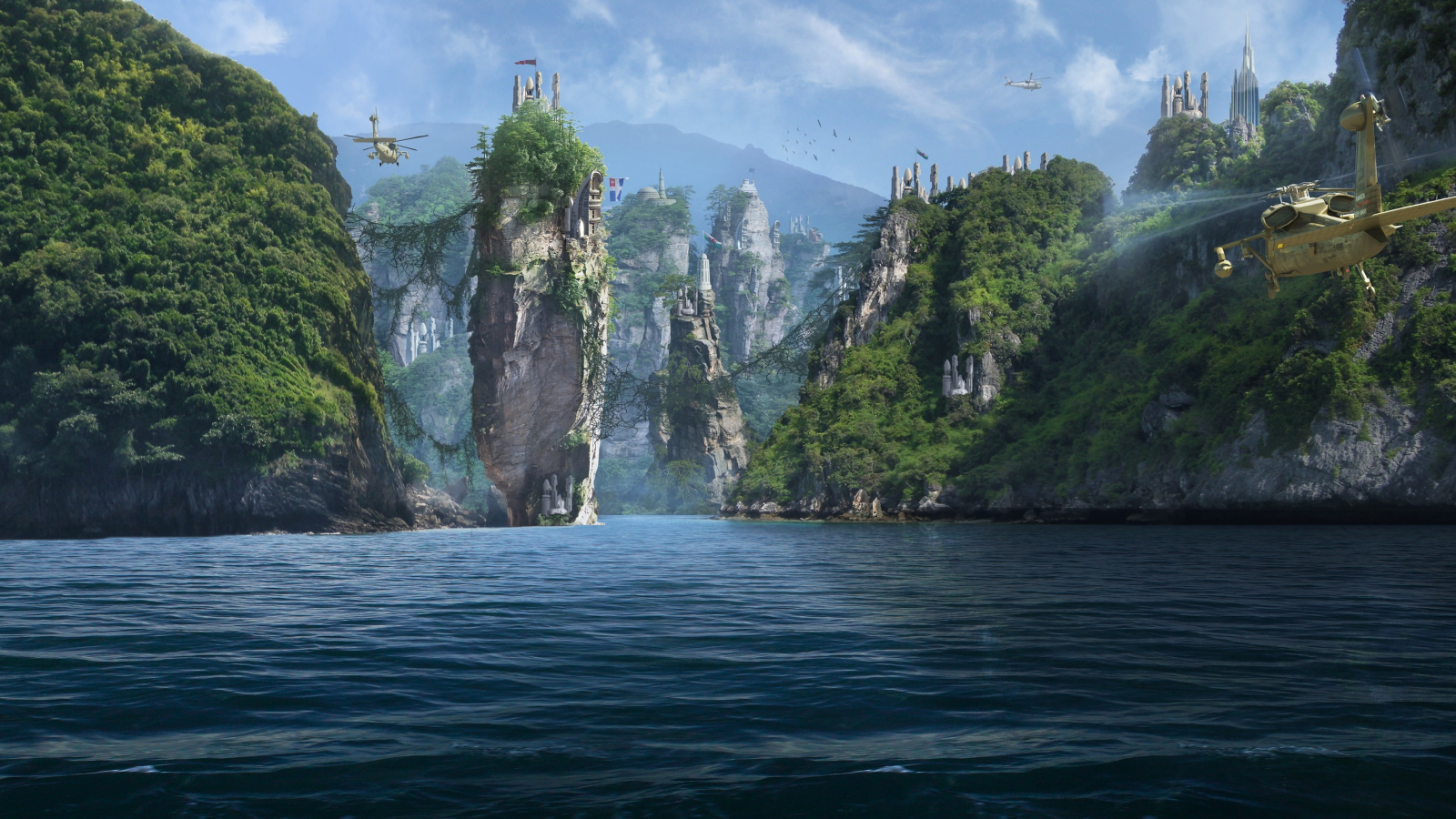 Forgotten islands, panorama, sea, cliffs, fantasy, 1600x900 wallpaper
