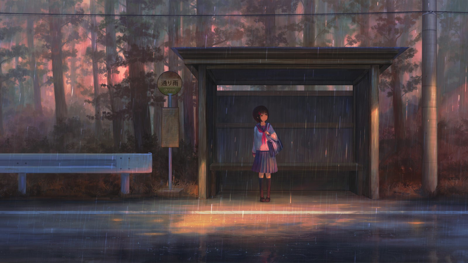 School girl, waiting for bus, rain, outdoor, 1600x900 wallpaper