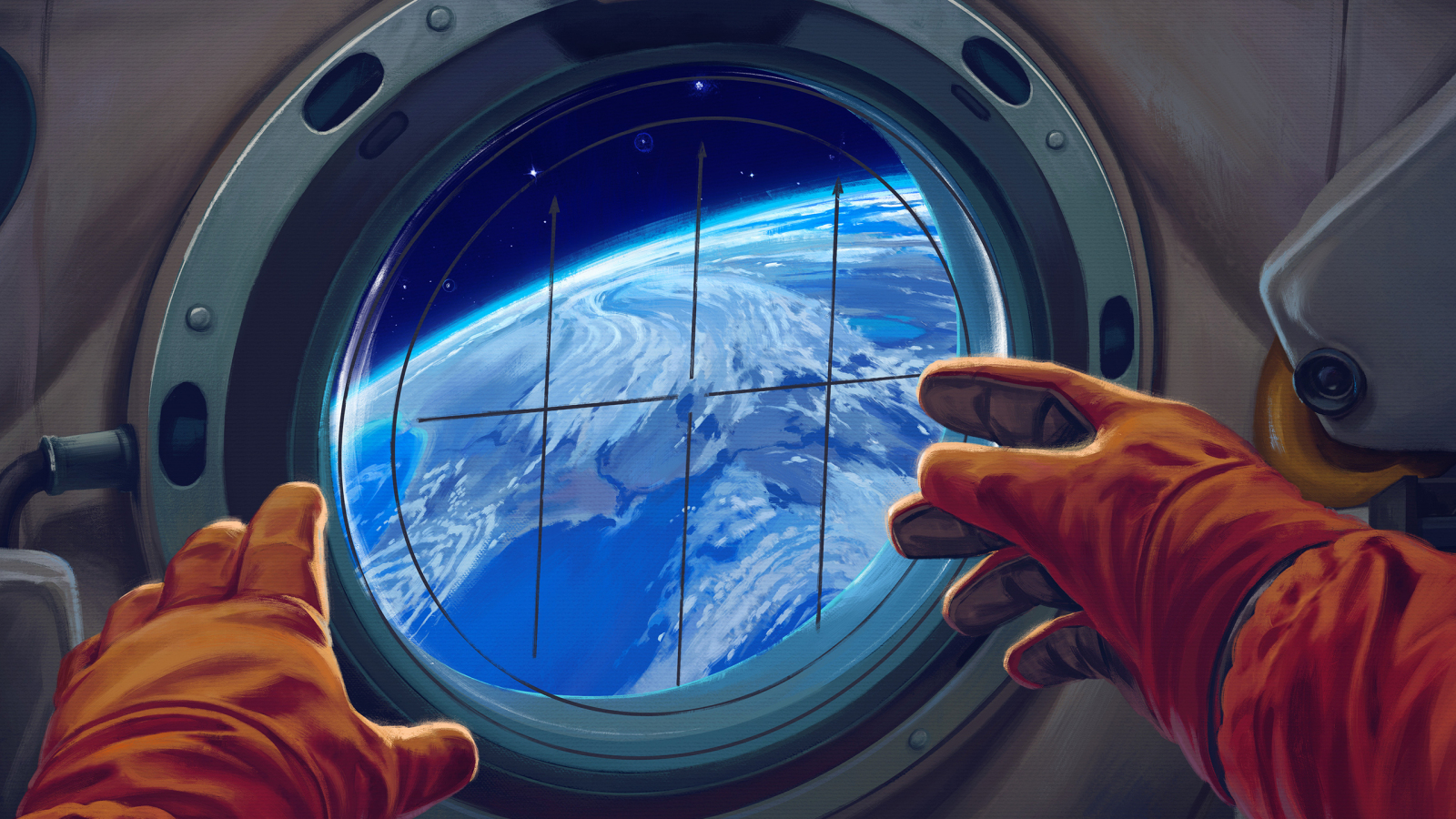 Spacecraft window, astronaut, 1600x900 wallpaper