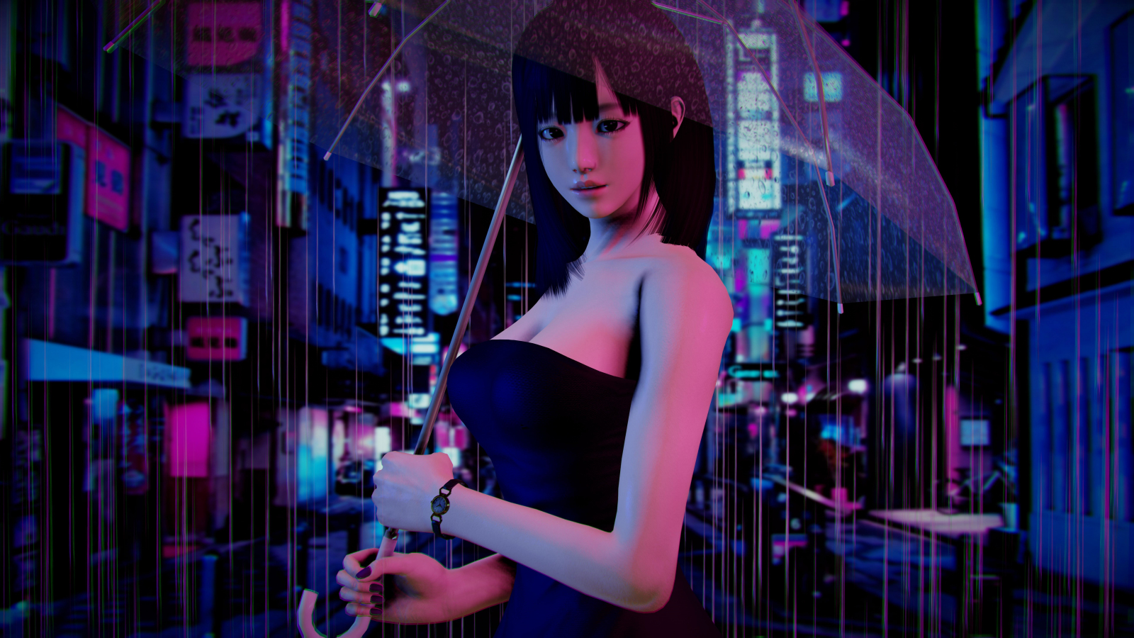 Honey select studio, video game, rain, umbrella, 1600x900 wallpaper