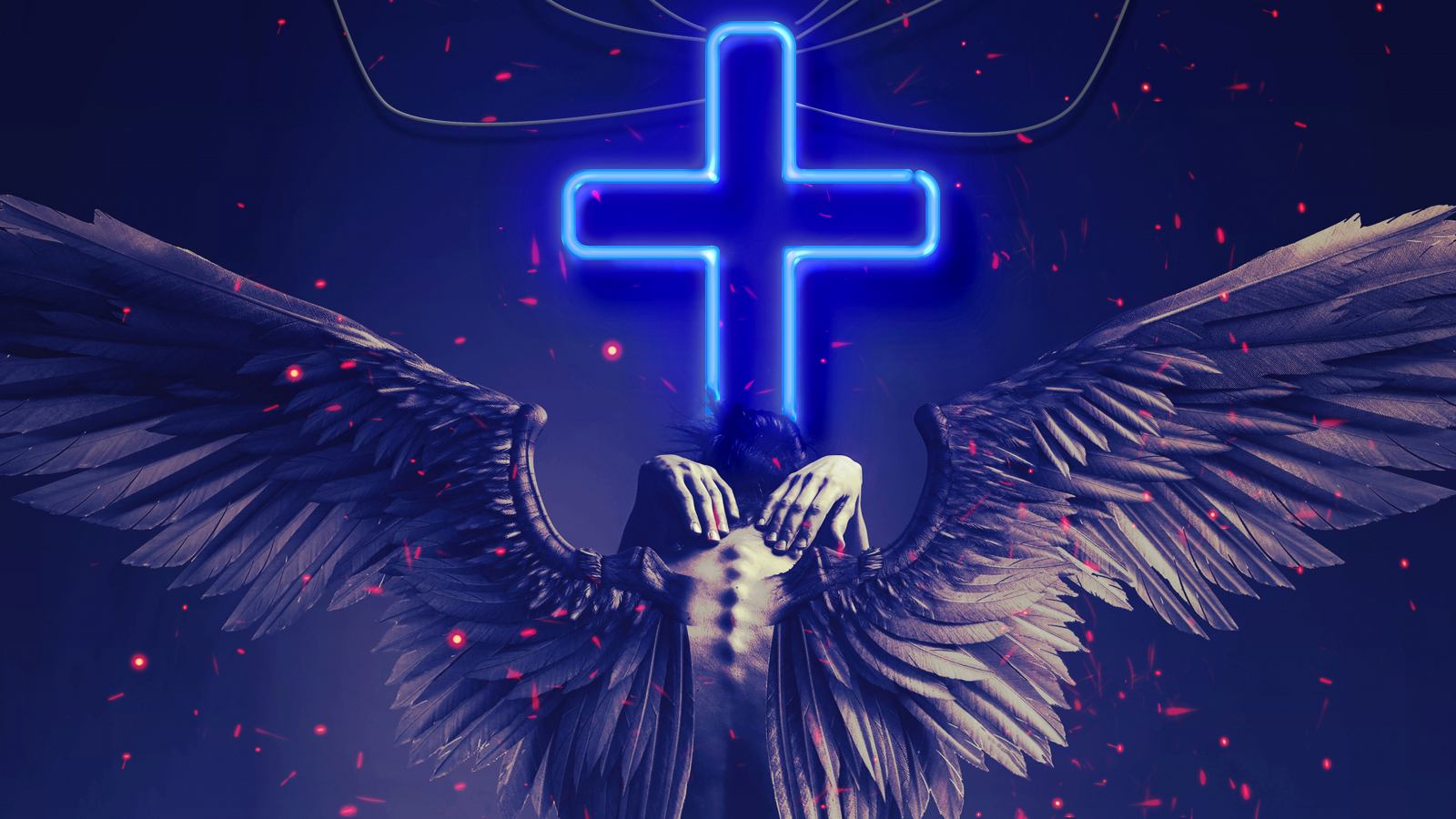 Fantasy, angel, cross, 1600x900 wallpaper