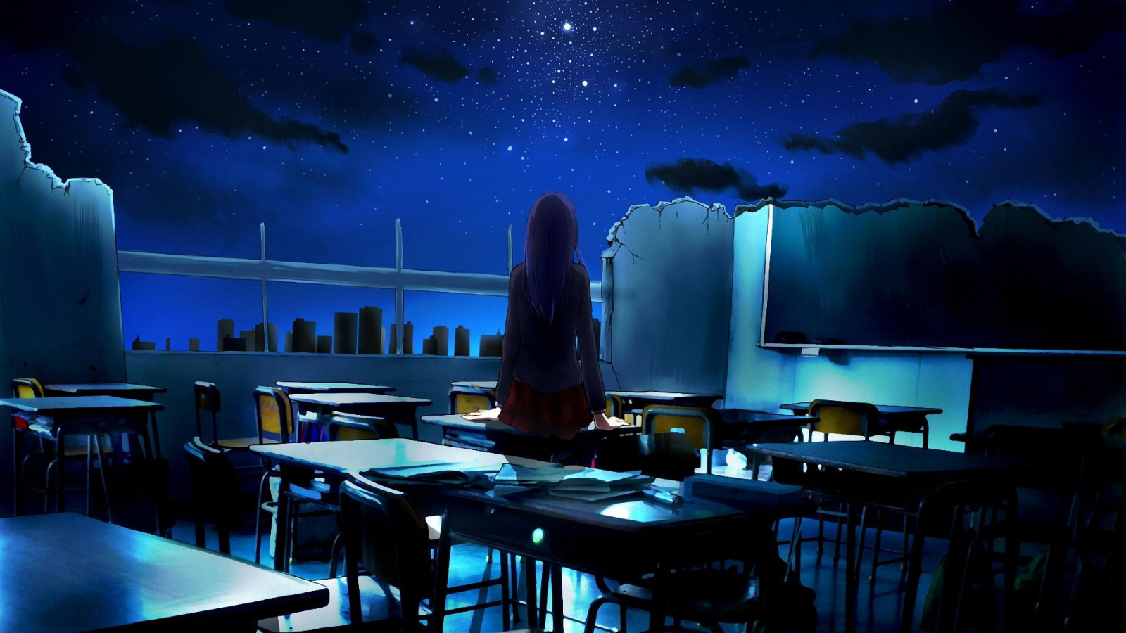 Download wallpaper 1600x900 open, classroom, anime girl, night, original,  16:9 widescreen 1600x900 hd background, 8801