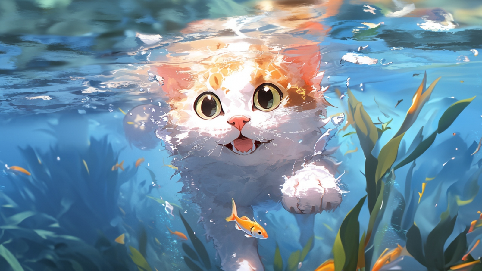 Cute kitten, swim underwater, art, 1600x900 wallpaper