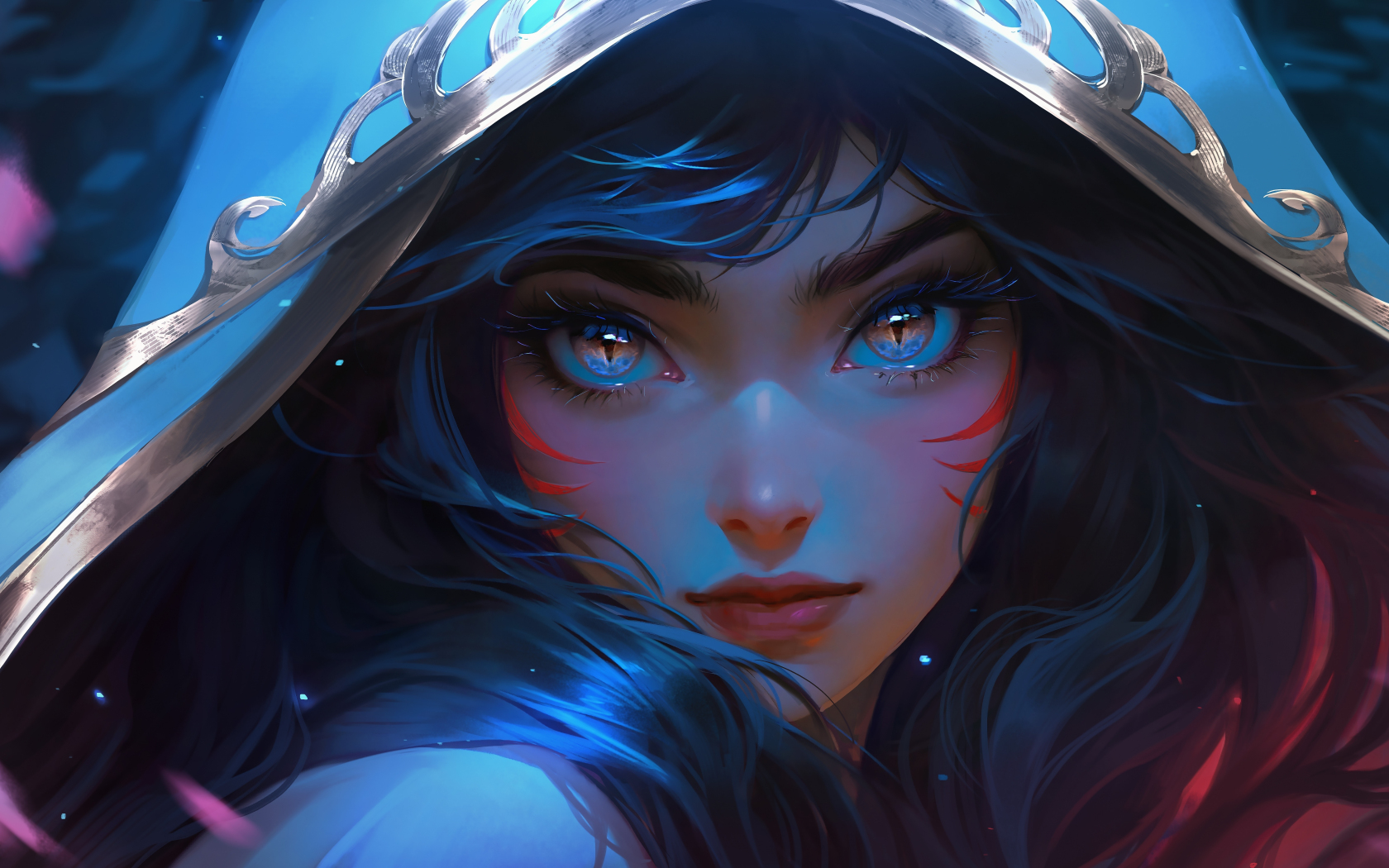 Glowing eyes of cute girl, in hood, 2023, 1680x1050 wallpaper