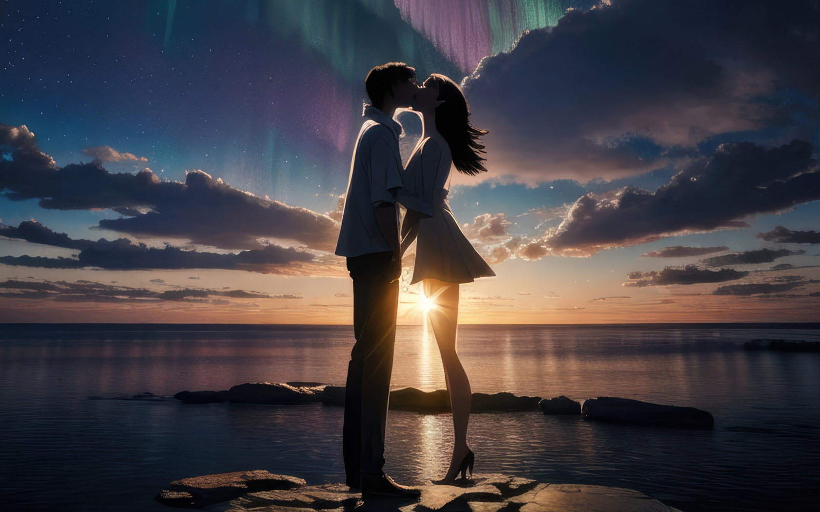 Couple's kiss, at the coast, sunset, art, 1680x1050 wallpaper