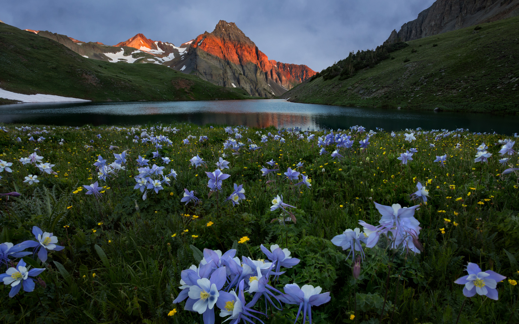 Download wallpaper 1680x1050 mountains, sunset and lake, nature, meadow ...