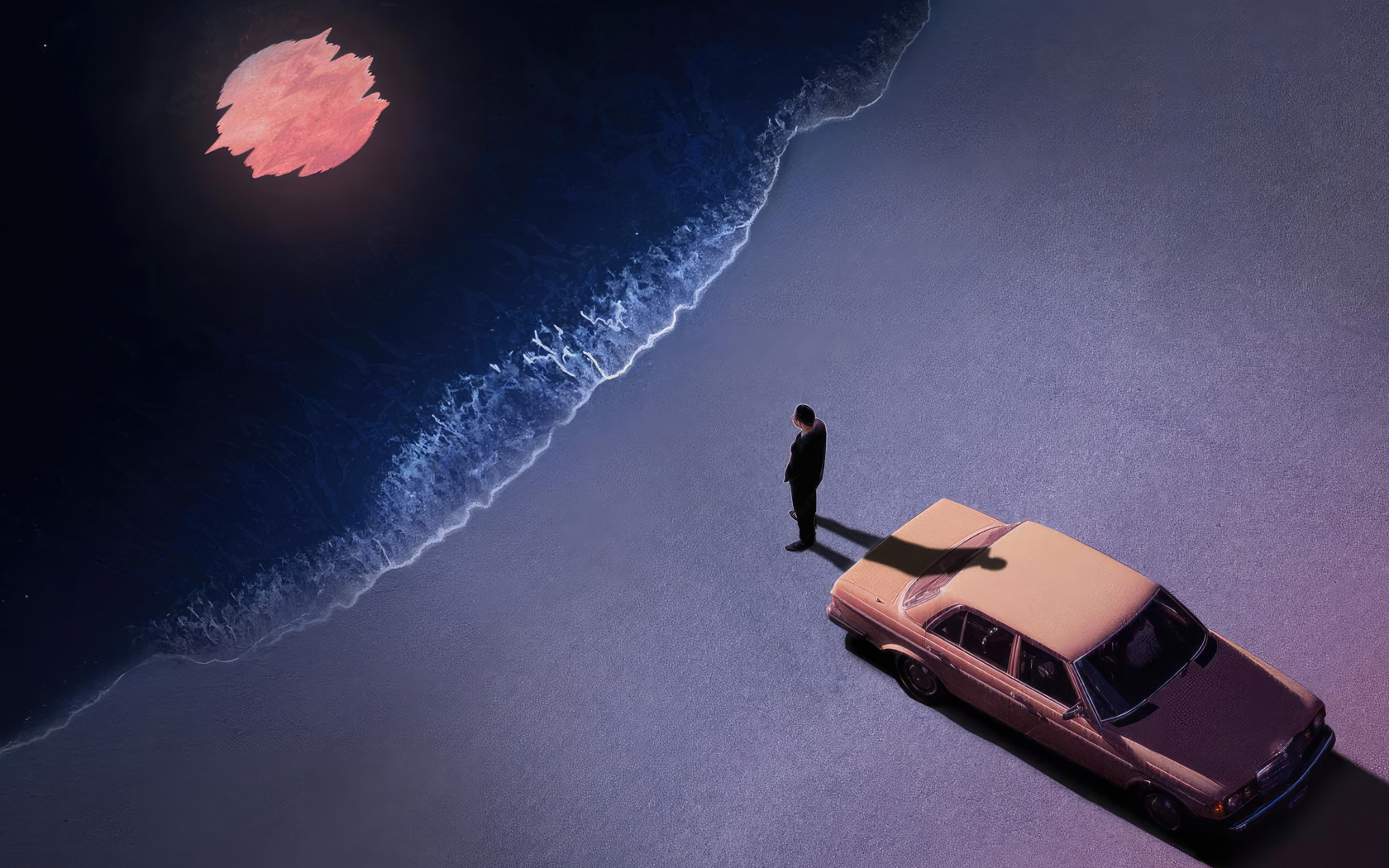 Lonely at night at the beach, car and man, art , 1680x1050 wallpaper