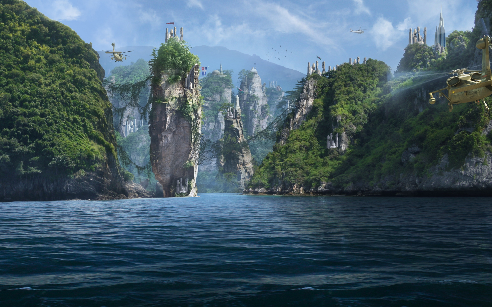 Forgotten islands, panorama, sea, cliffs, fantasy, 1680x1050 wallpaper
