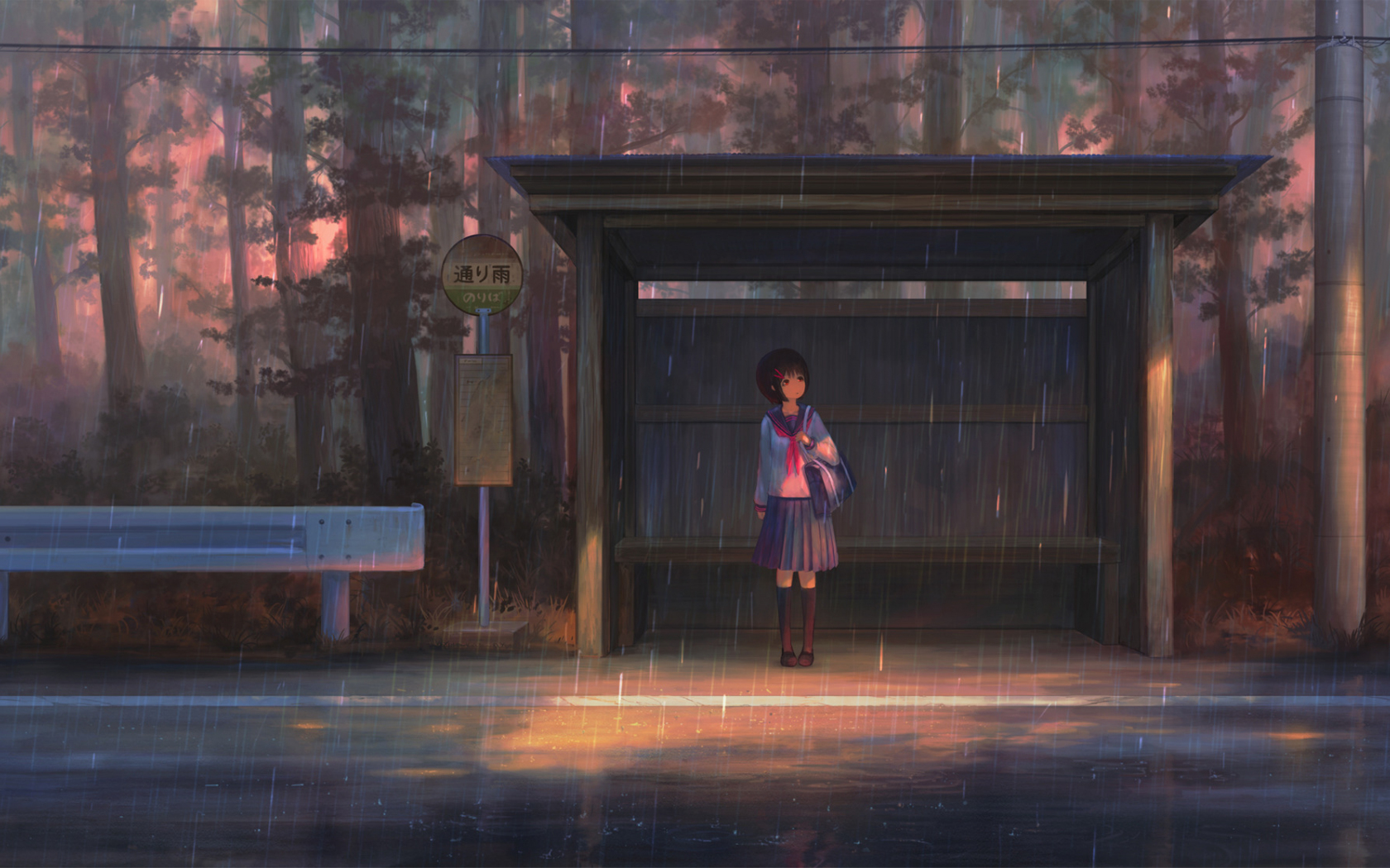 School girl, waiting for bus, rain, outdoor, 1680x1050 wallpaper