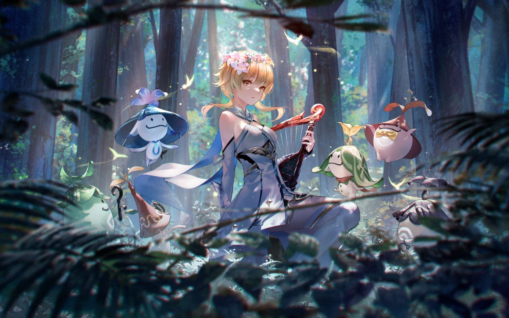 Lumine, Genshin Impact, girl outdoor with creature, fantasy, 1680x1050 wallpaper