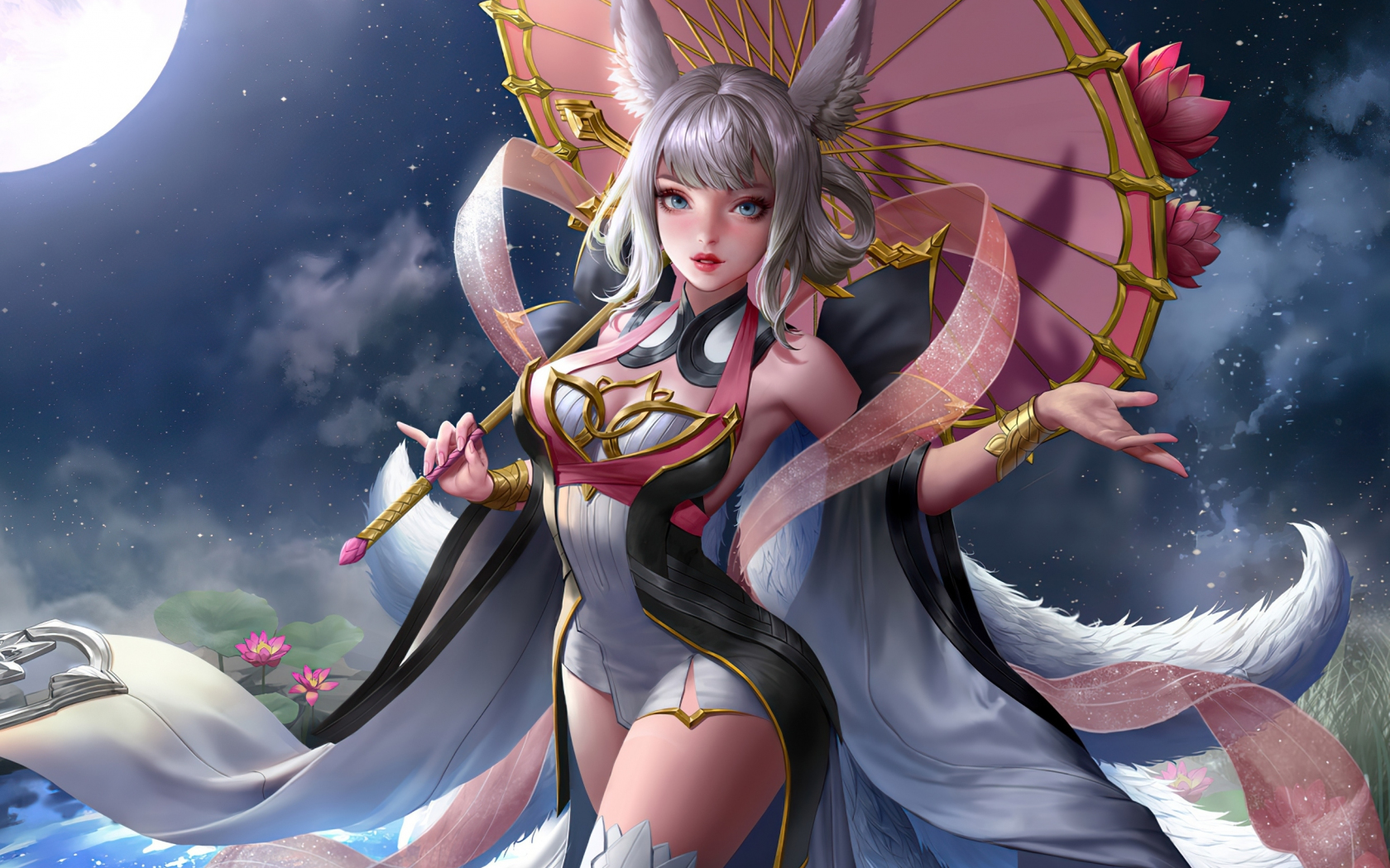 Anime elf girl with umbrella, moon light,  fantasy, 1680x1050 wallpaper
