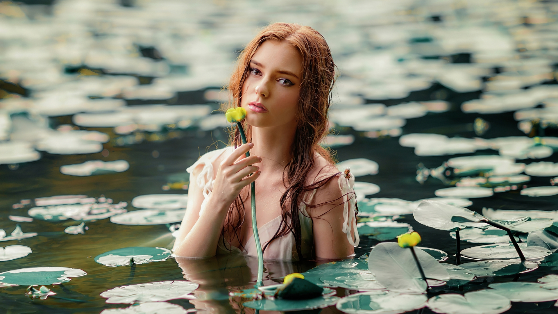 Download 1920x1080 Wallpaper Girl With Flowers Outdoor Lake Full Hd Hdtv Fhd 1080p