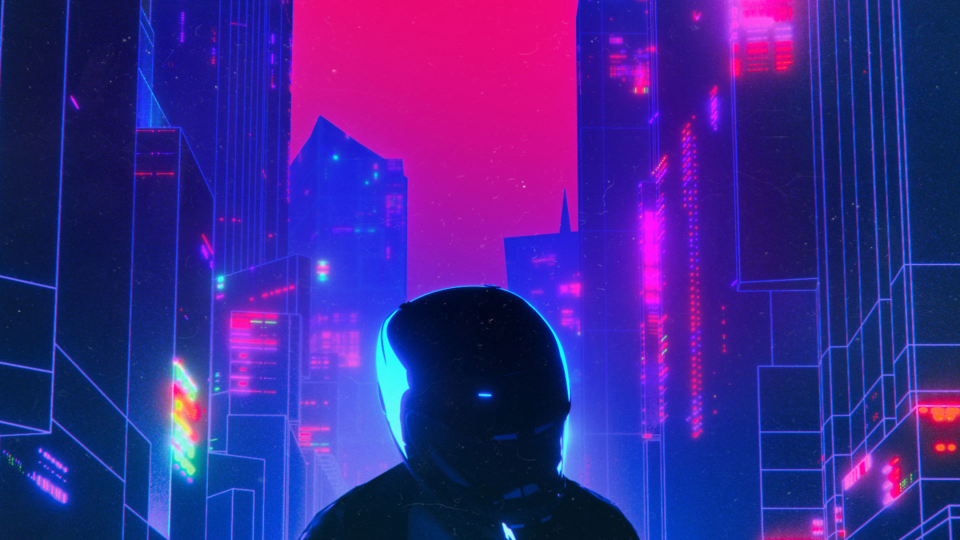 Download wallpaper 1920x1080 biker, retrowave, cityscape, artwork, full ...