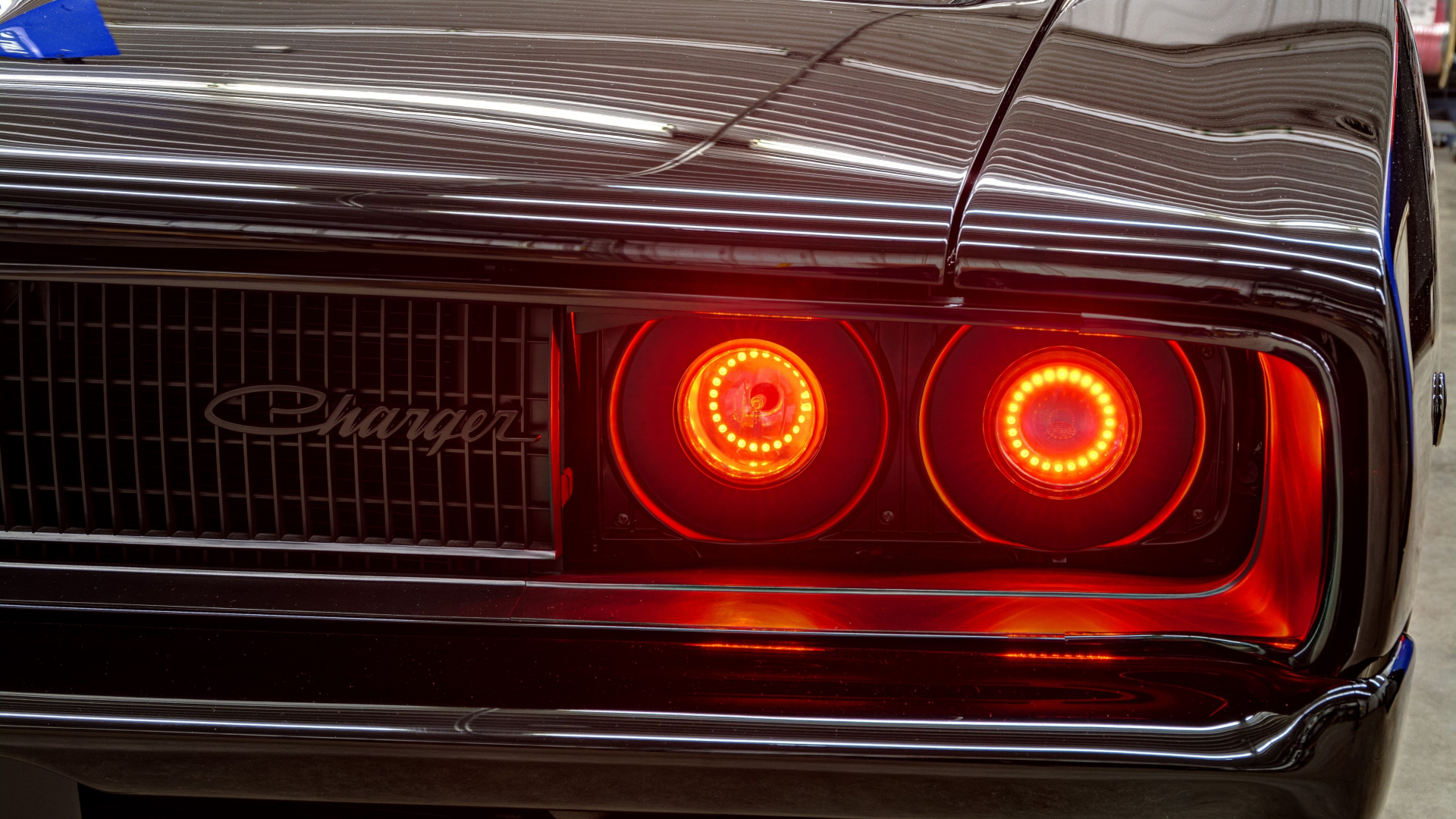 Download dodge charger’s headlight, red glowing 1920x1080 wallpaper