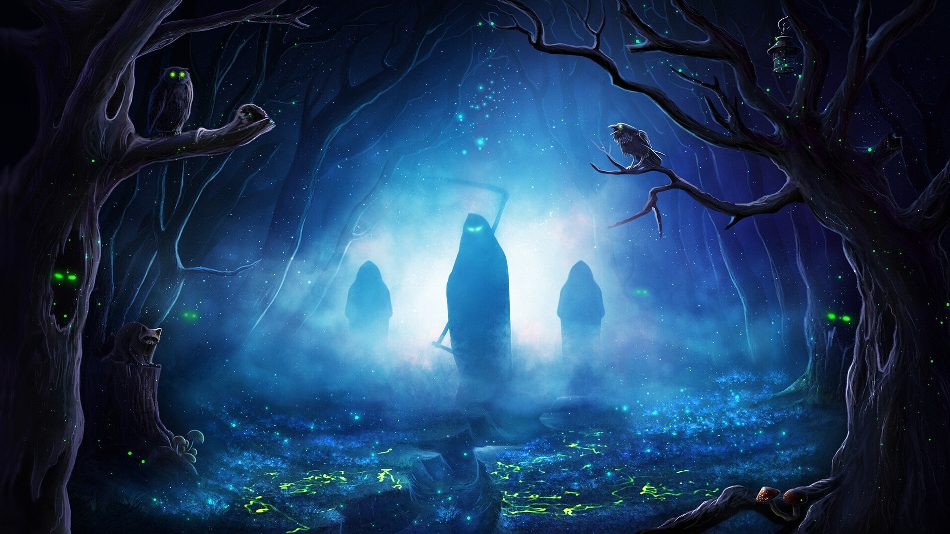 Download wallpaper 1920x1080 halloween, silhouette, creepy reapers