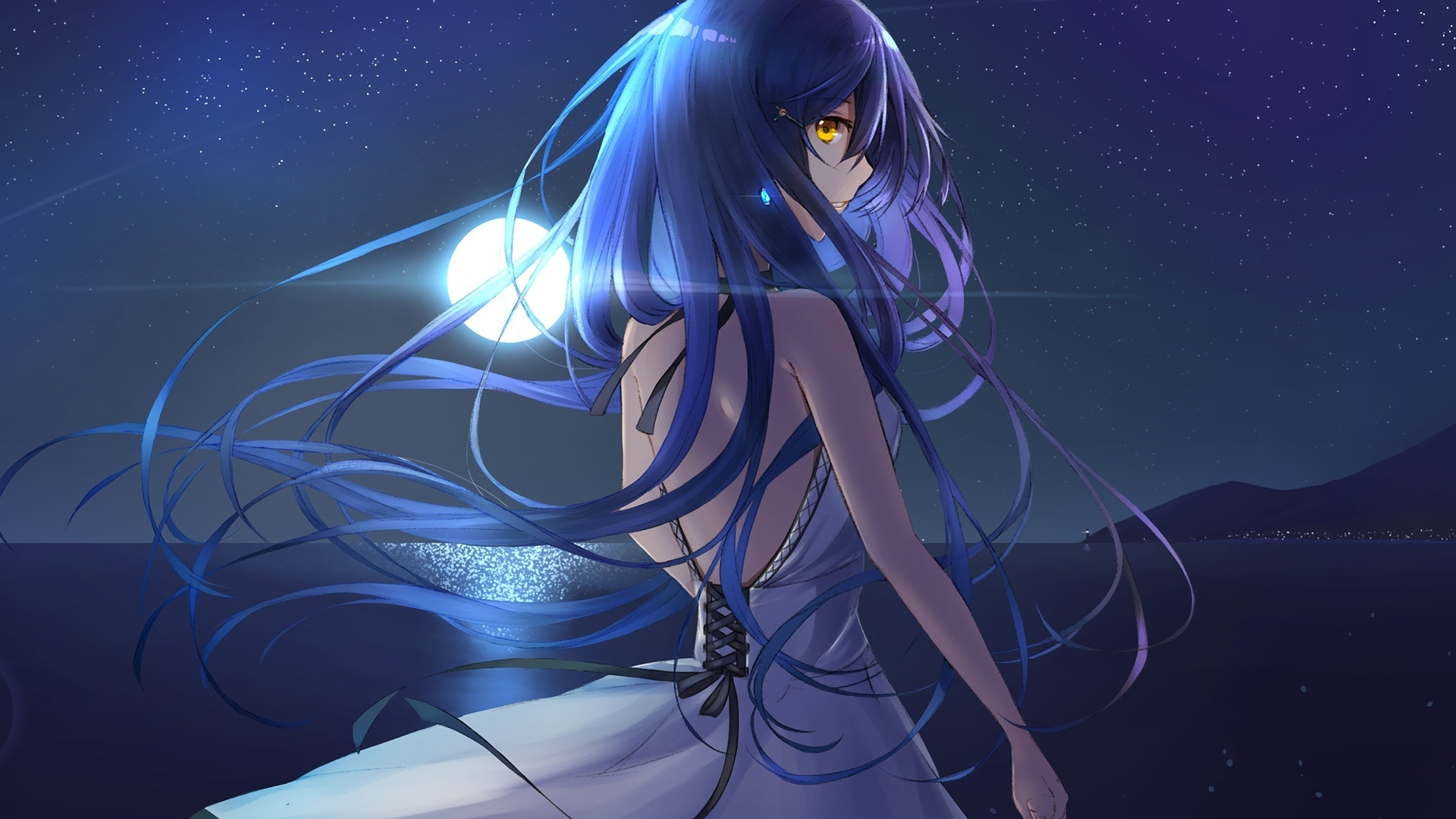 Download 1920x1080 Wallpaper Night Out Anime Girl Blue Long Hair