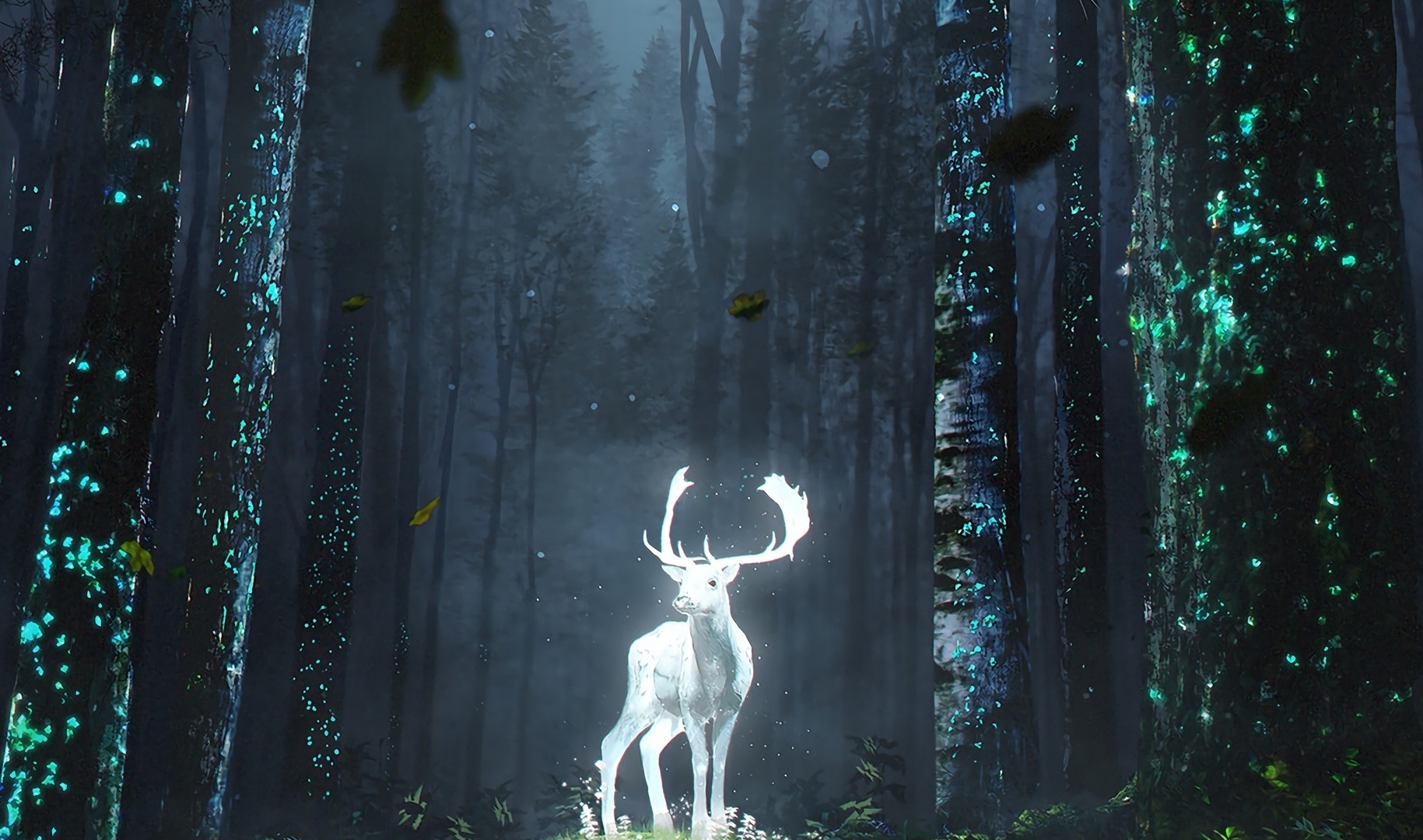 Forest, wild deer, glow, fantasy, art, 1920x1080 wallpaper