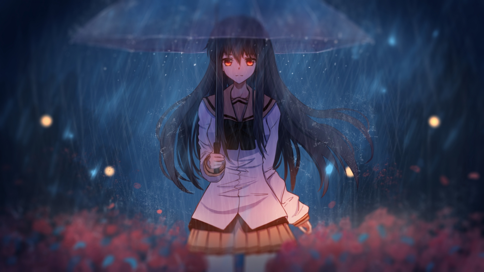 Download anime girl in rain, with umbrella, art 1920x1080 wallpaper