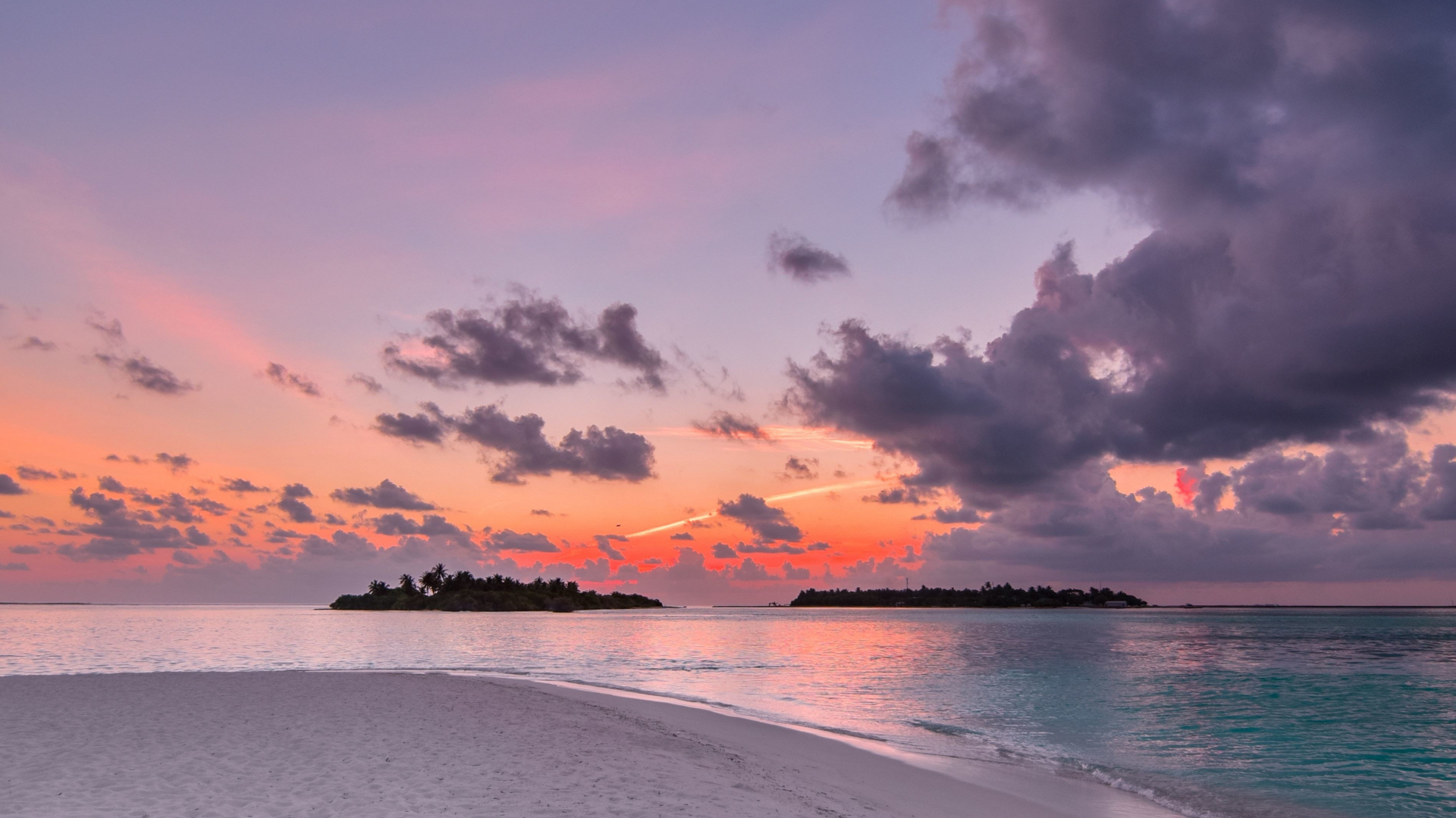 Download 1920x1080 wallpaper beach, island, sunset, clouds, nature