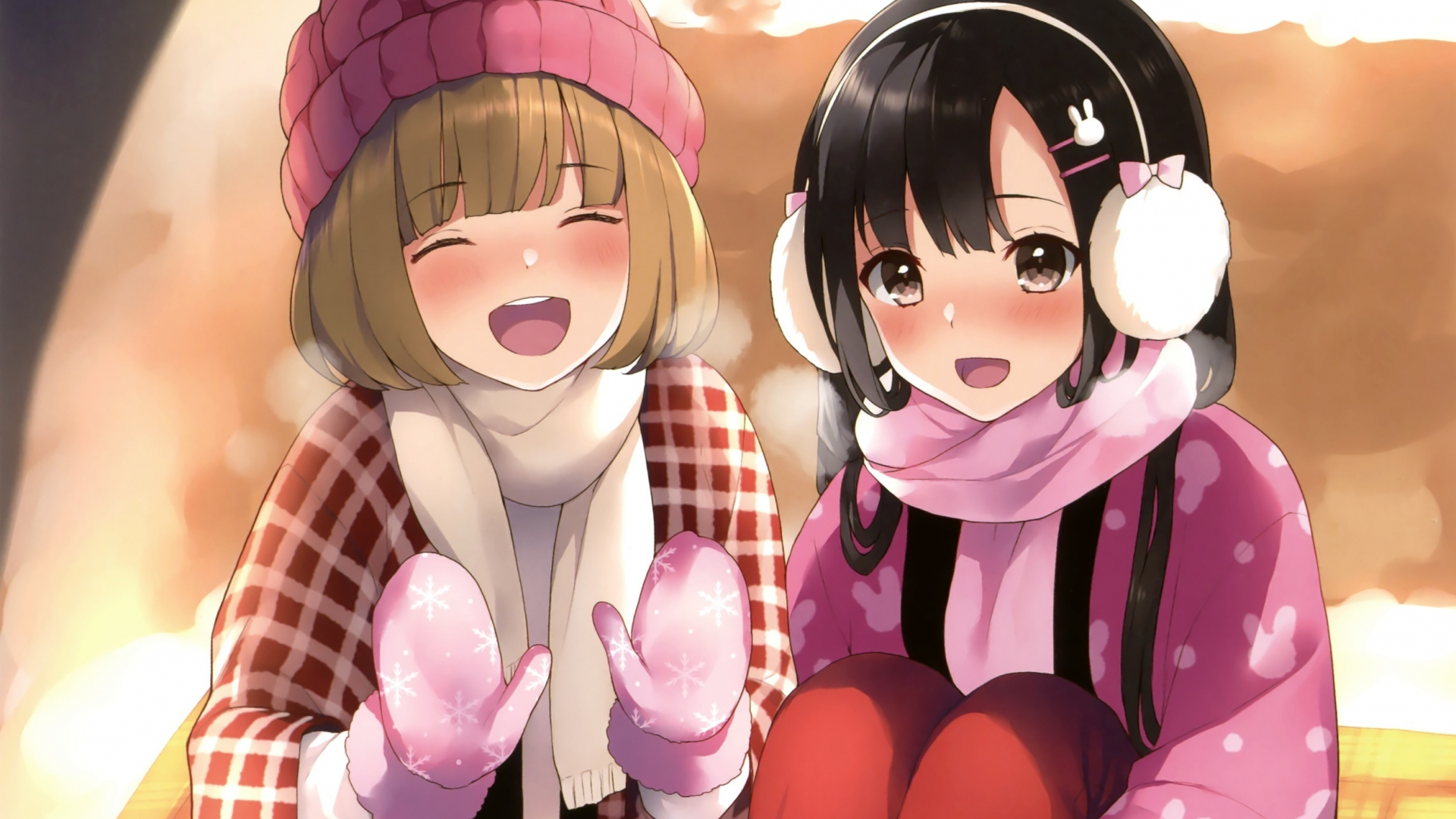 Download wallpaper 1920x1080 winter, cute anime girls, friends, full hd,  hdtv, fhd, 1080p wallpaper, 1920x1080 hd background, 3866