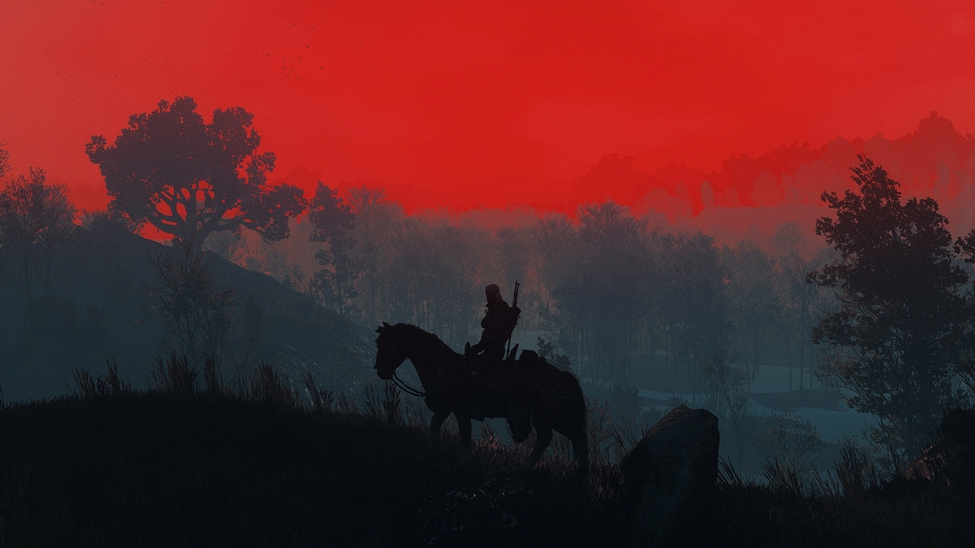 The Witcher 3, Geralt, sunset, silhouette, 1920x1080 wallpaper