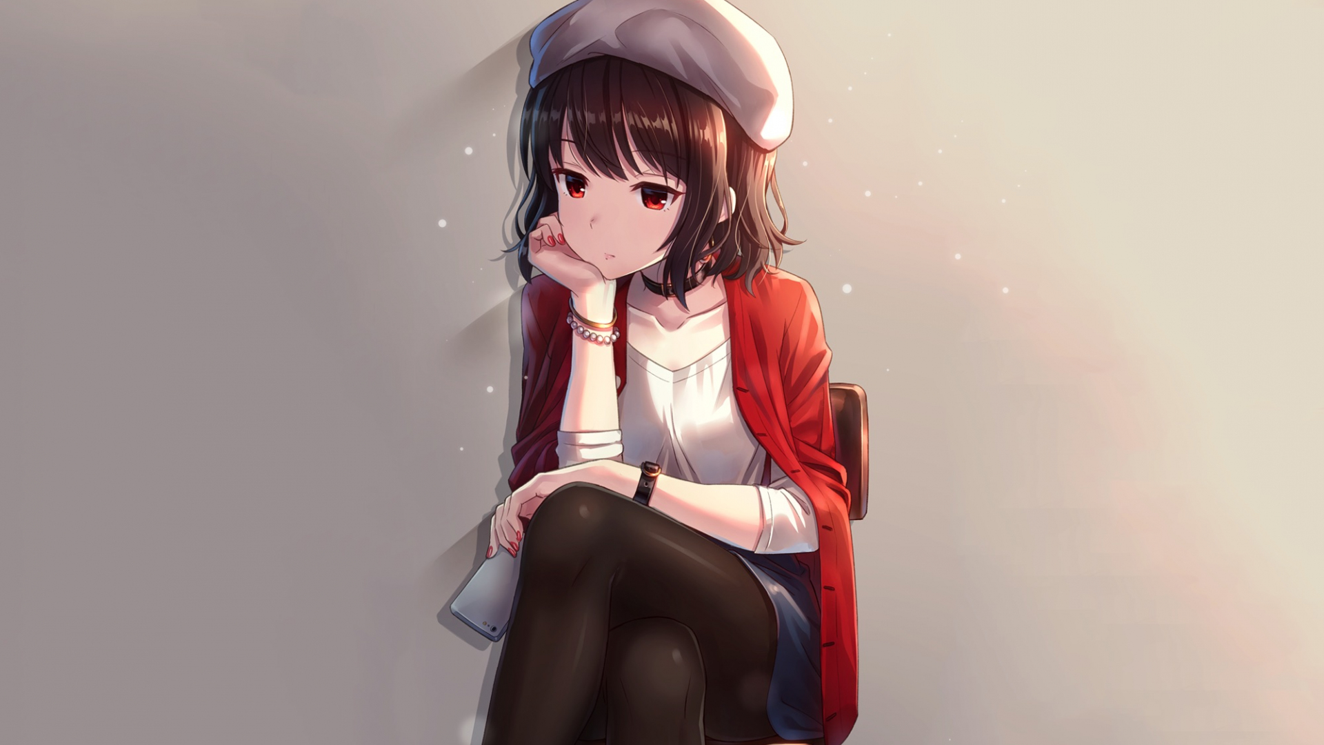 Download 1920x1080 Wallpaper Red Eyes Cute Anime Girl Sit