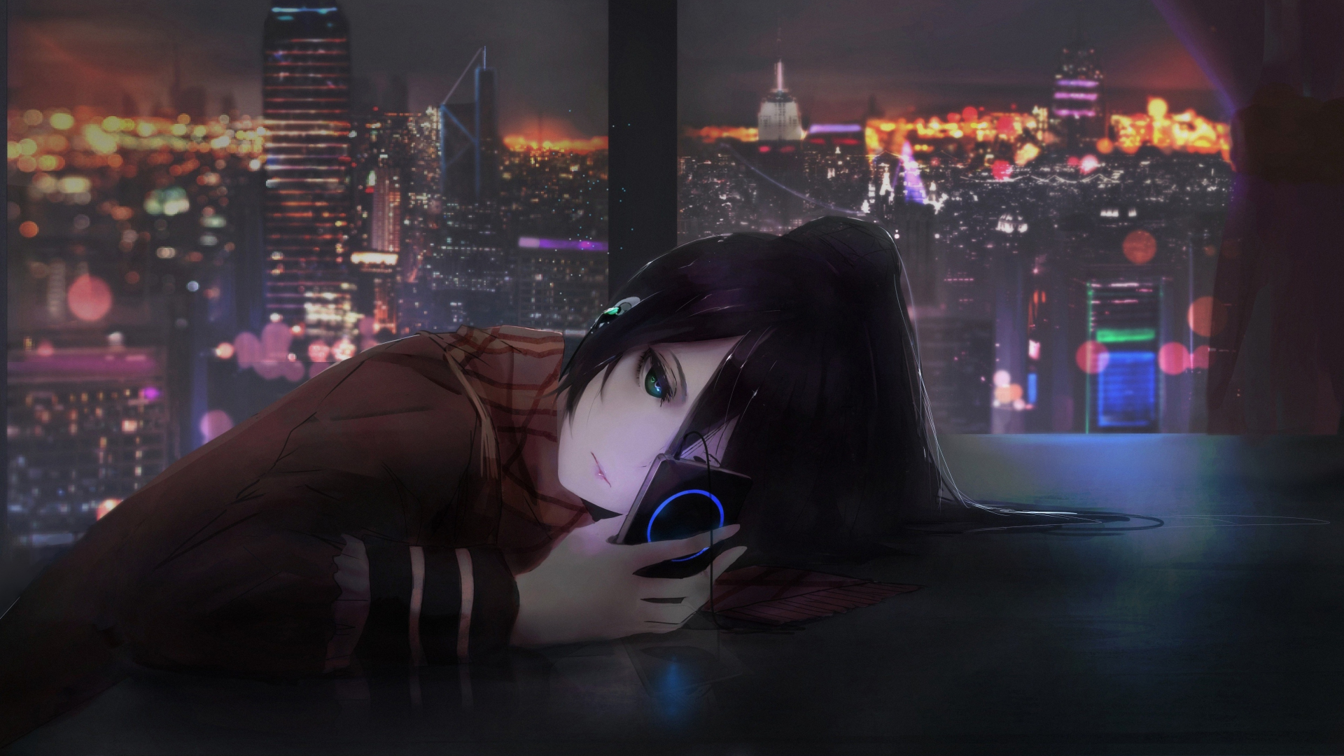 Download Wallpaper 1920x1080 Anime Girl Using Phone Cityscape Night Cute Art Full Hd Hdtv 