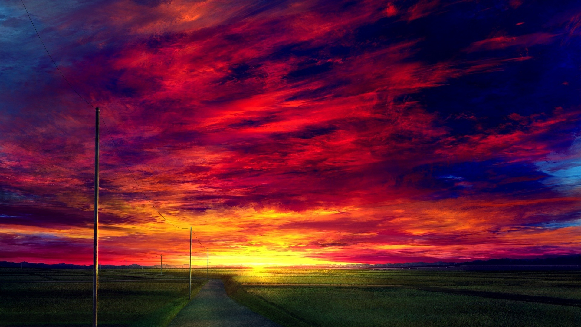 Download 1920x1080 Wallpaper Sunset Road Landscape Anime