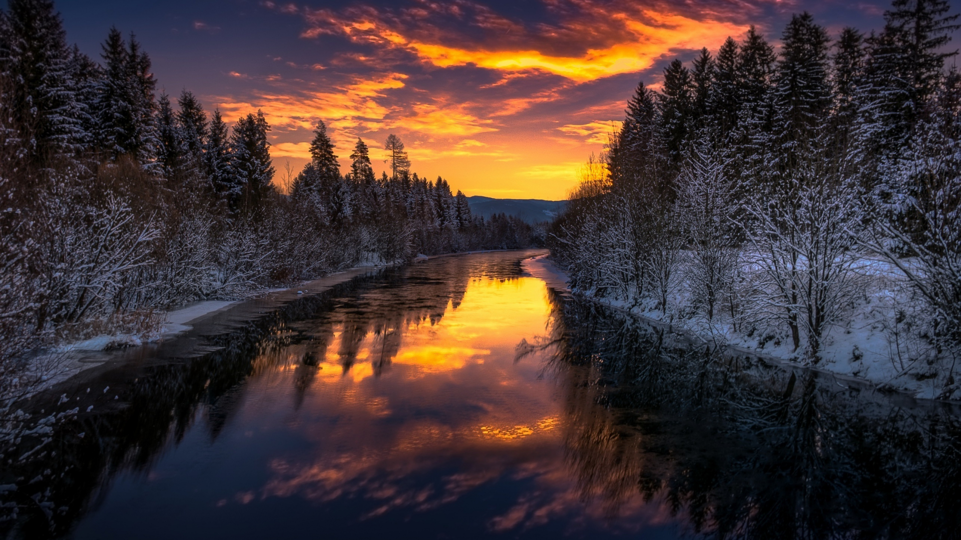 Download 1920x1080 Wallpaper River Trees Winter Sunset Nature Full