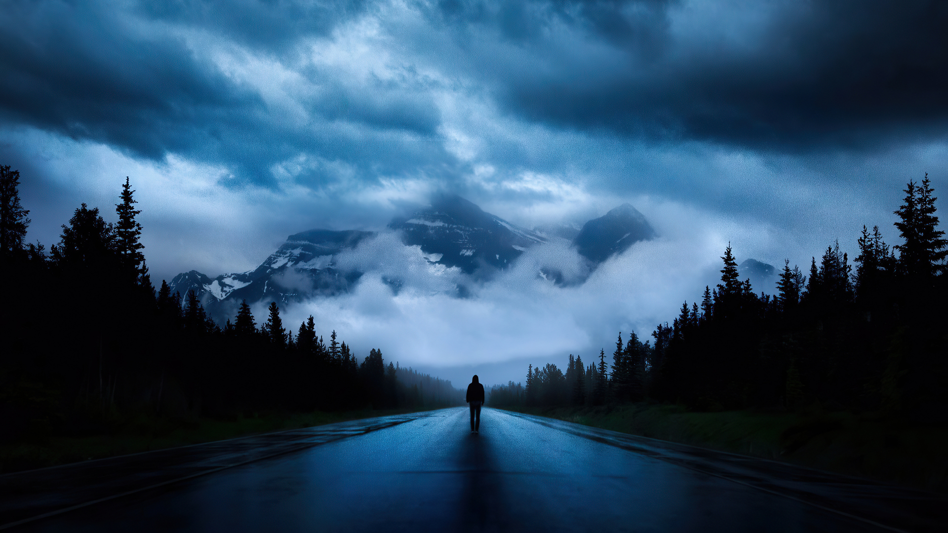 Download walking alone, road, mountains, silhouette, dark 1920x1080