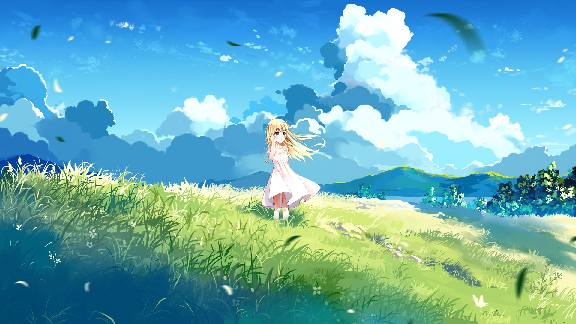 Download 1920x1080 Wallpaper Landscape Blonde Anime Girl Cute