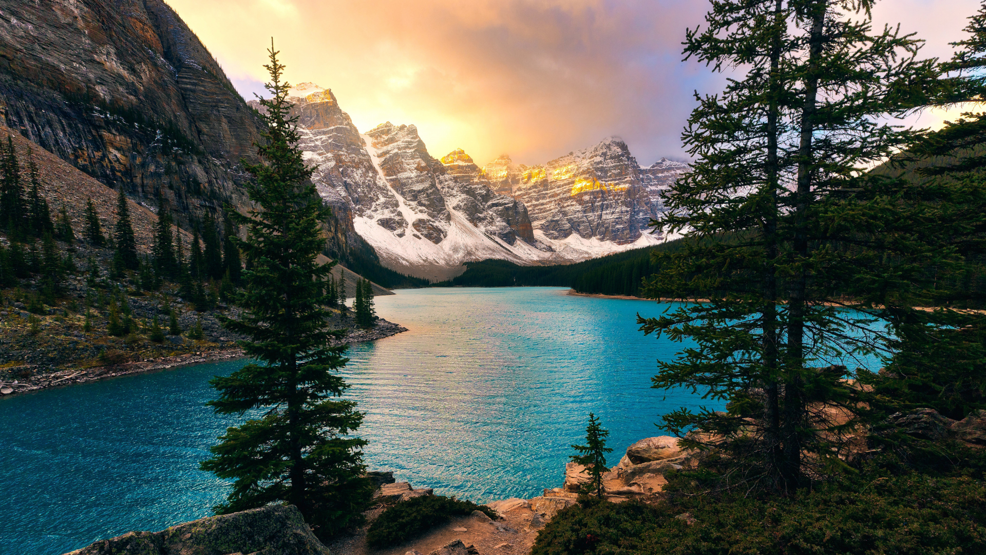 Download Wallpaper 1920x1080 Moraine Lake Banff National Park Sunset