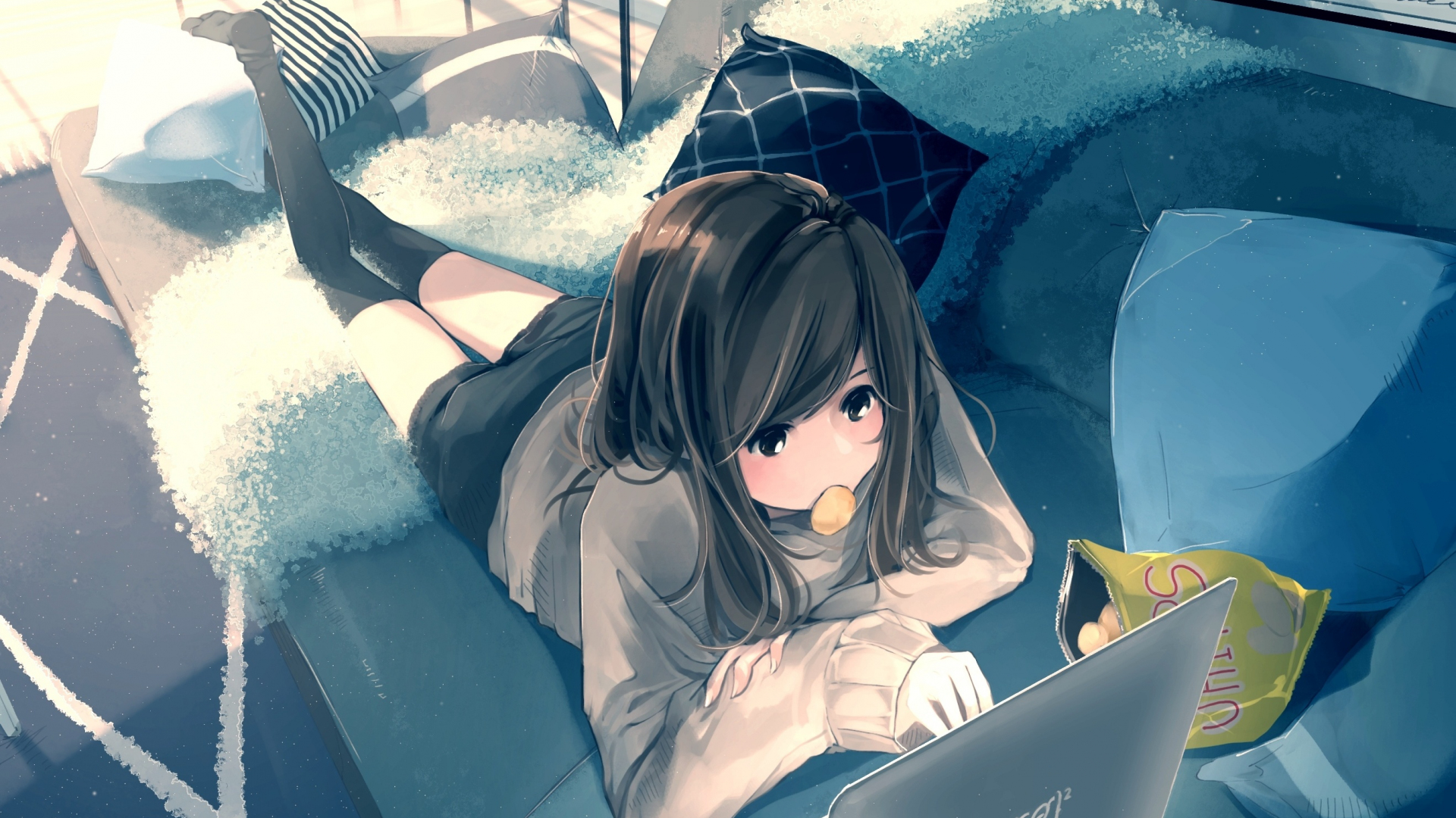 HD wallpaper: anime, anime girls, indoors, laptop, dark hair | Wallpaper  Flare
