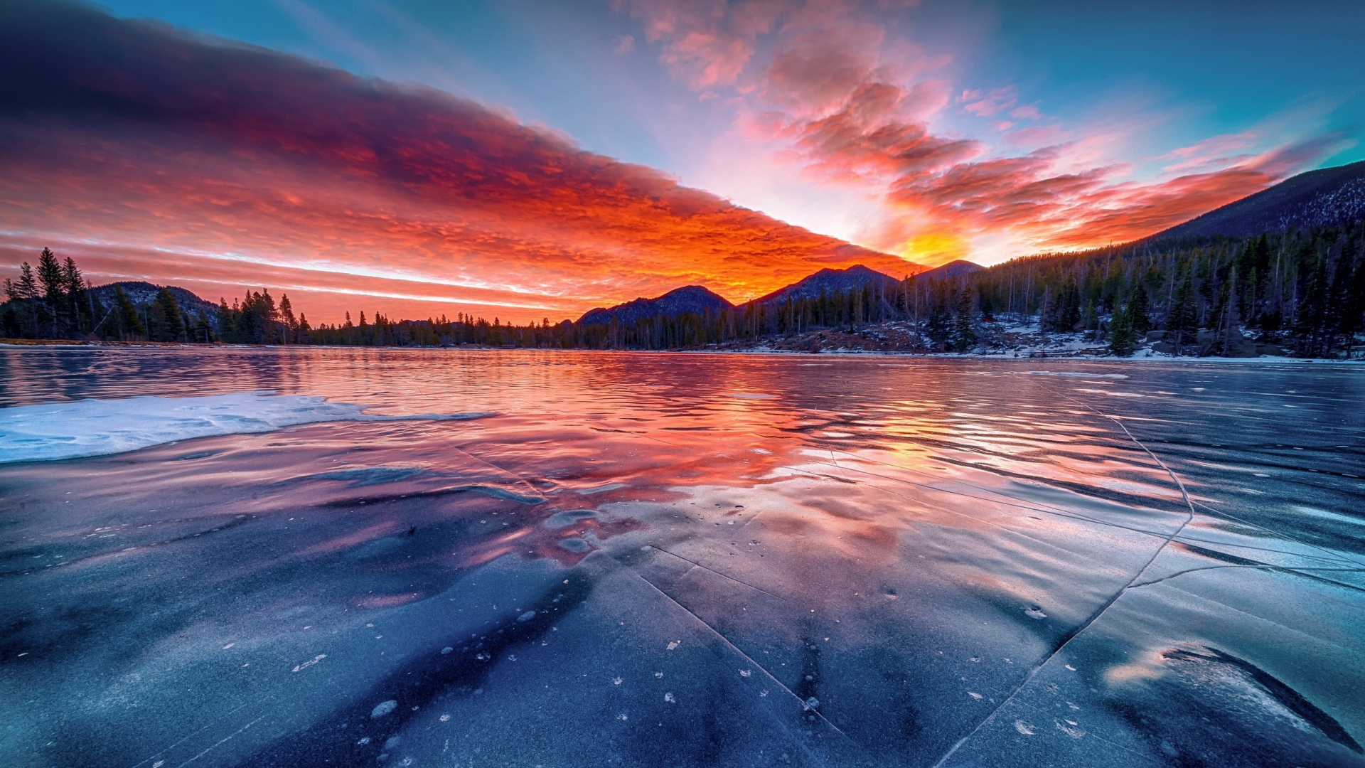 Download Frozen Lake Sunset Winter Skyline Nature 1920x1080