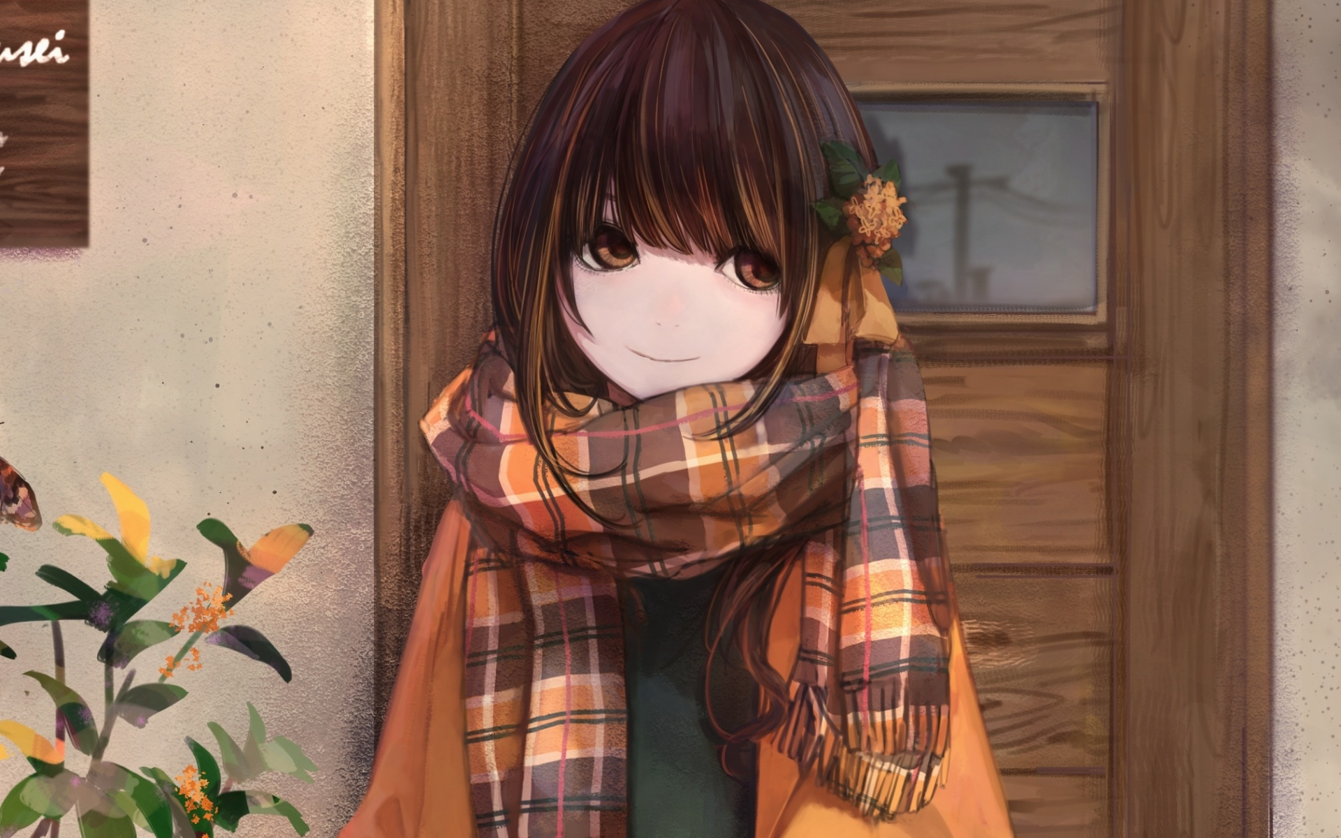 Download wallpaper 1600x1200 girl glance window snow winter cozy anime  standard 43 hd background