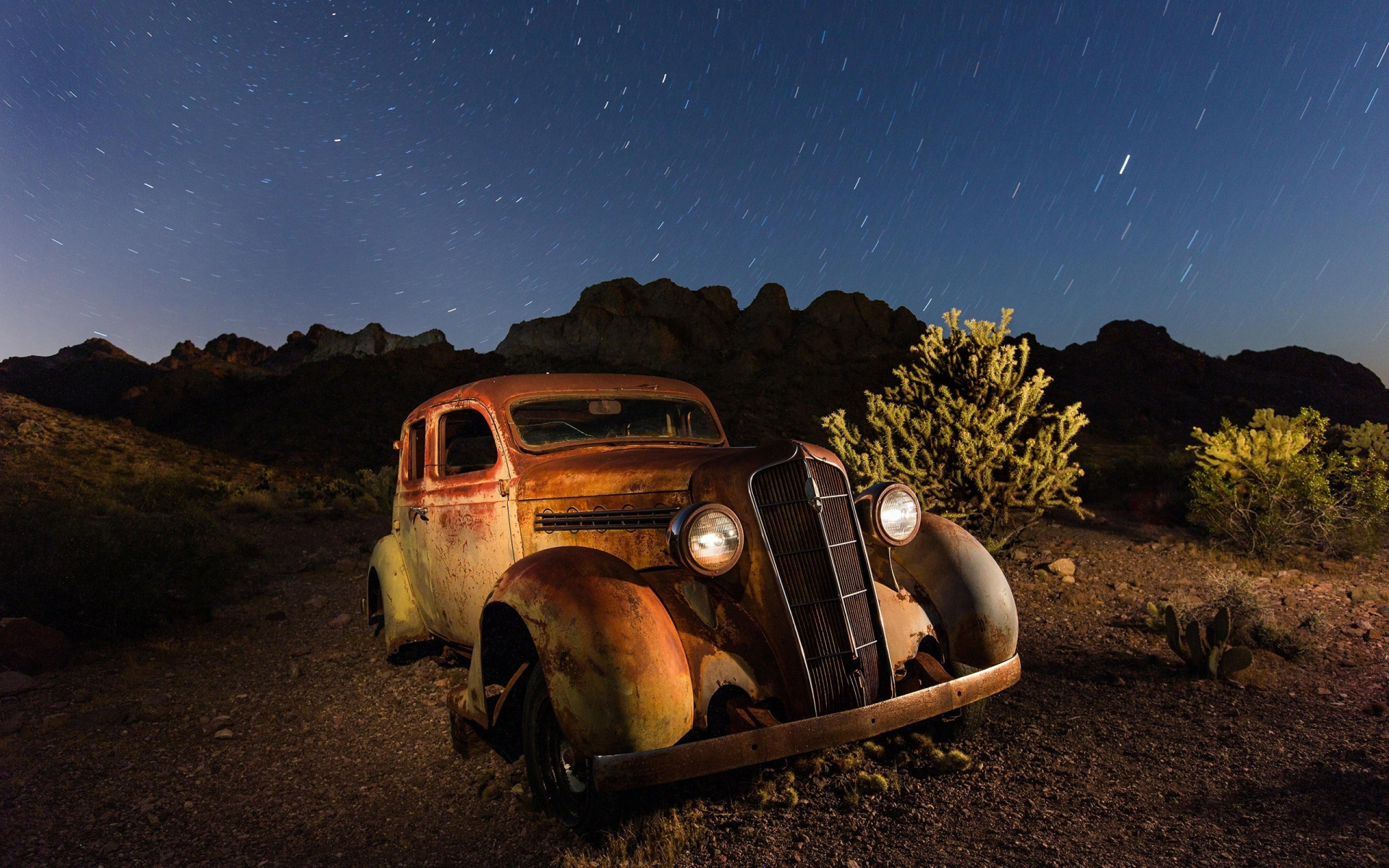 Download wallpaper 1920x1200 wreck car, vintage, landscape, night, 16: