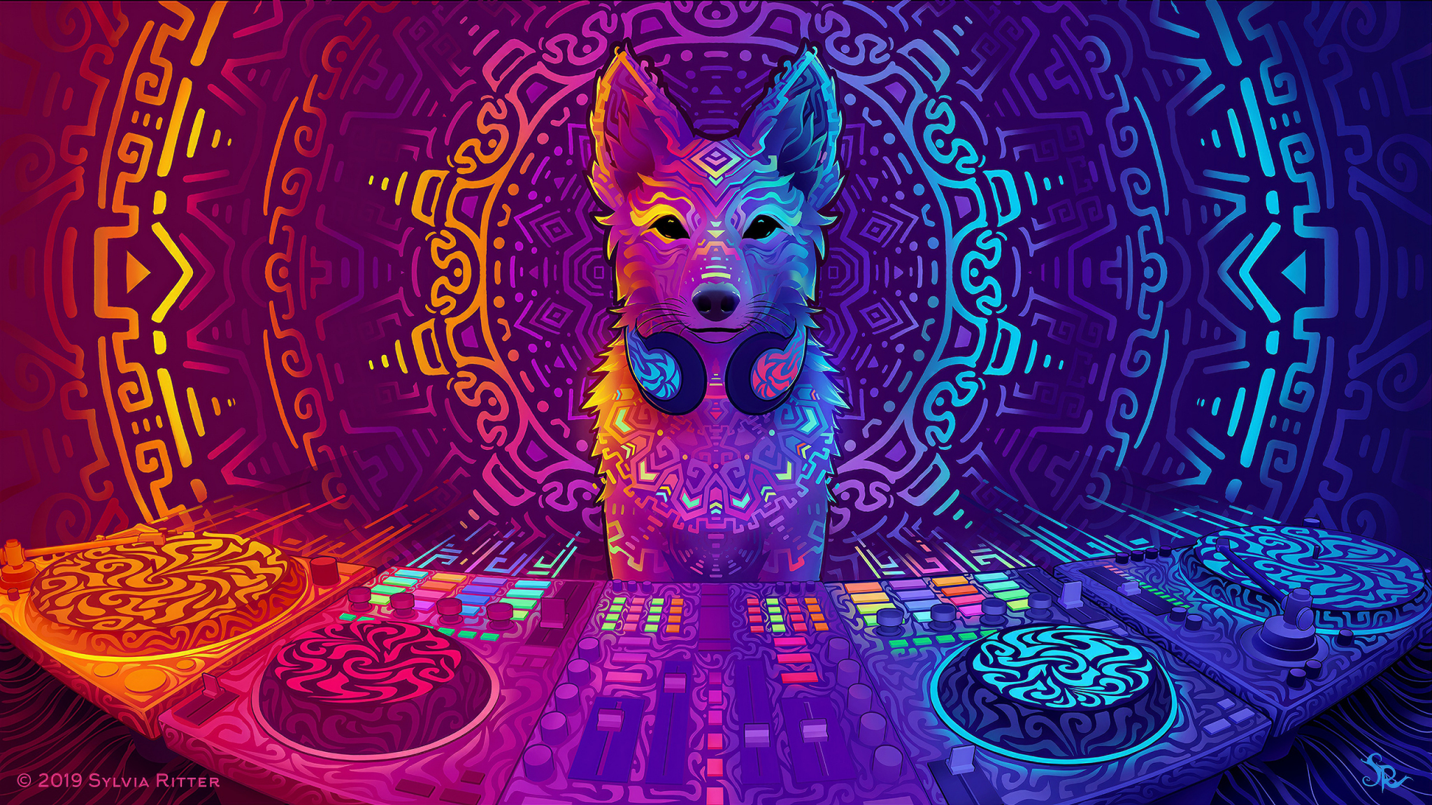 Download 2048x1152 Wallpaper Wolf Disco Jockey Music Art Dual