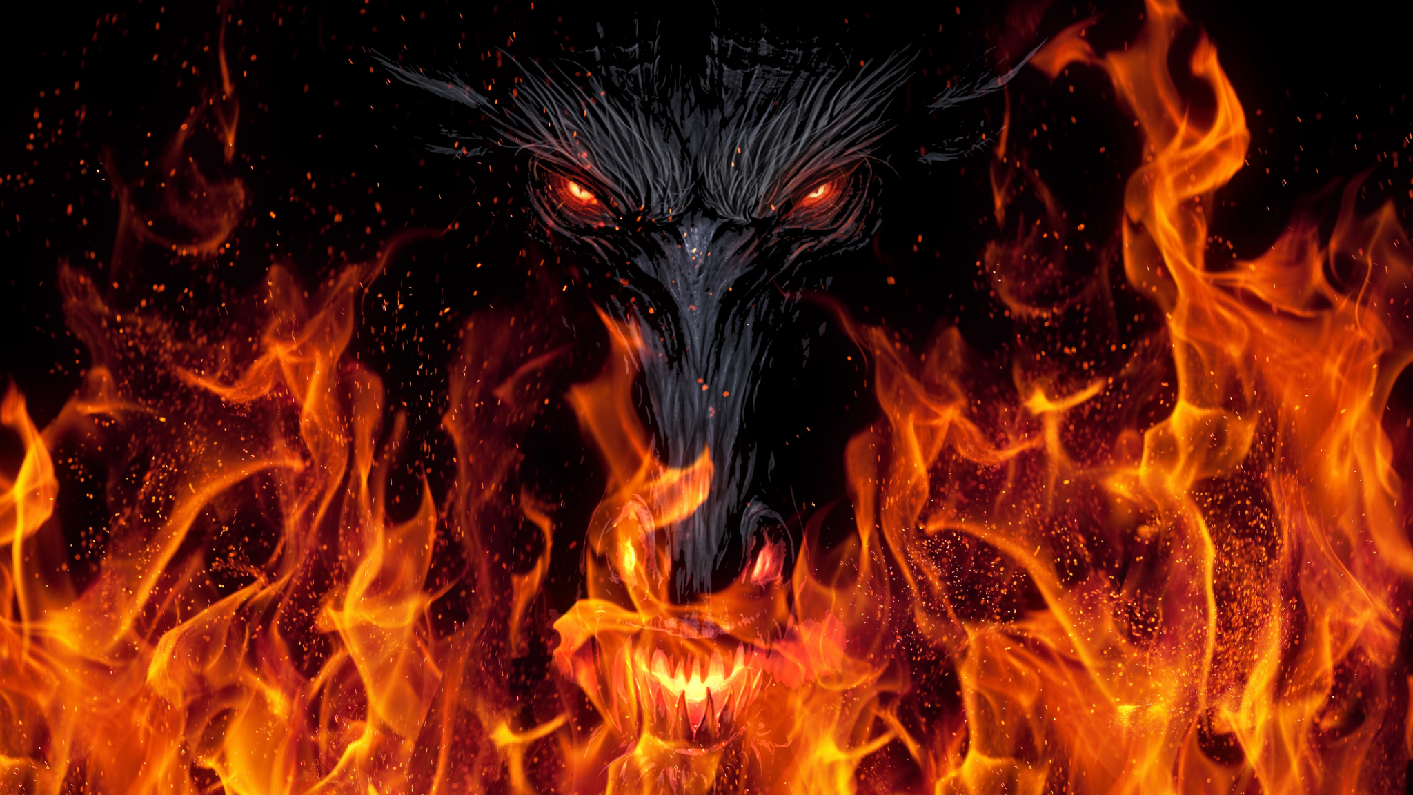 Download 2048x1152 wallpaper devil's face, fire, dark ...