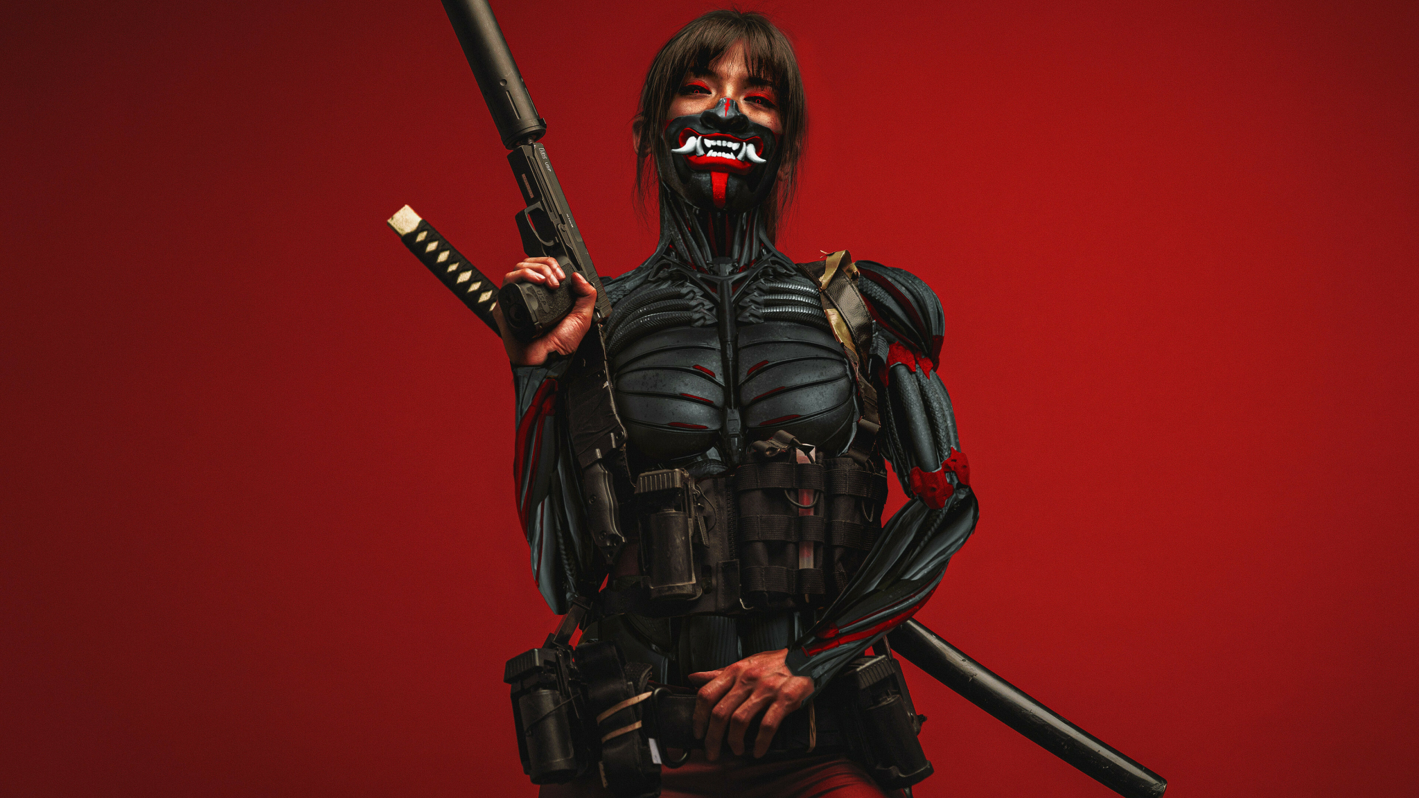 Cyberpunk ninja, with katana & gun, art, 2048x1152 wallpaper