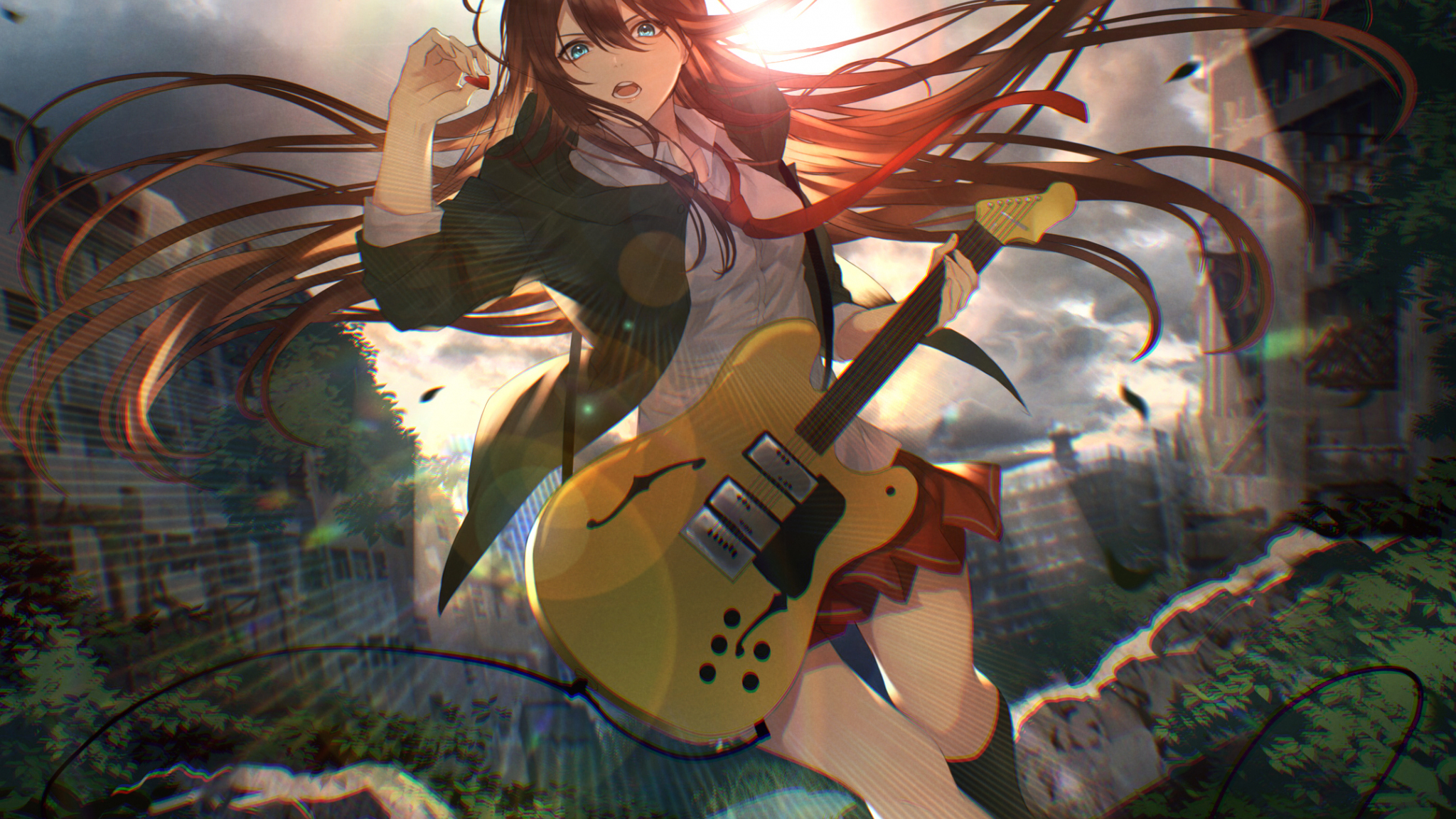 Download wallpaper 2048x1152 guitar play, anime girl, dual wide 2048x1152  hd background, 24177