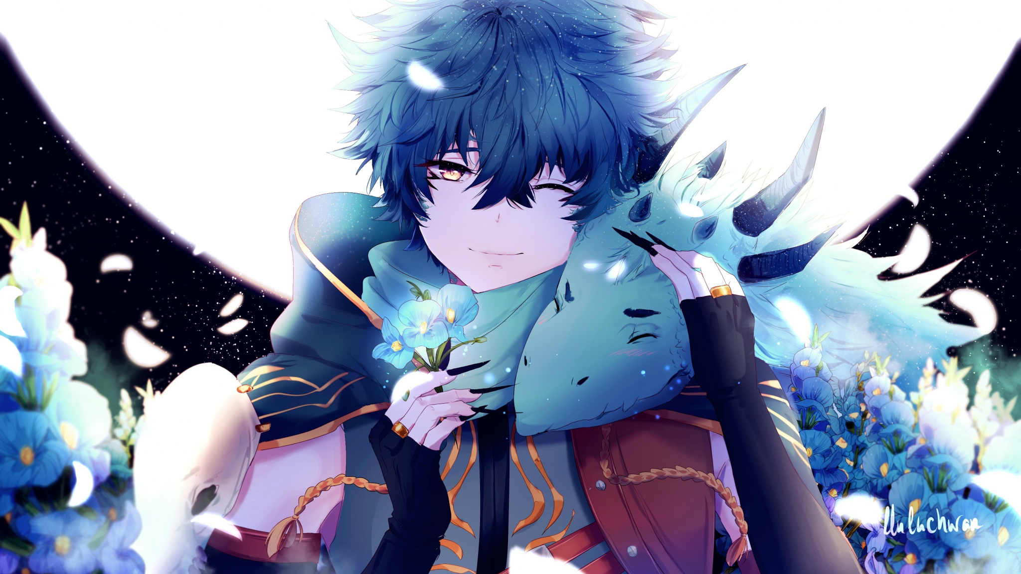 Download 2048x1152 Wallpaper Anime Boy Dragon Blue Flowers