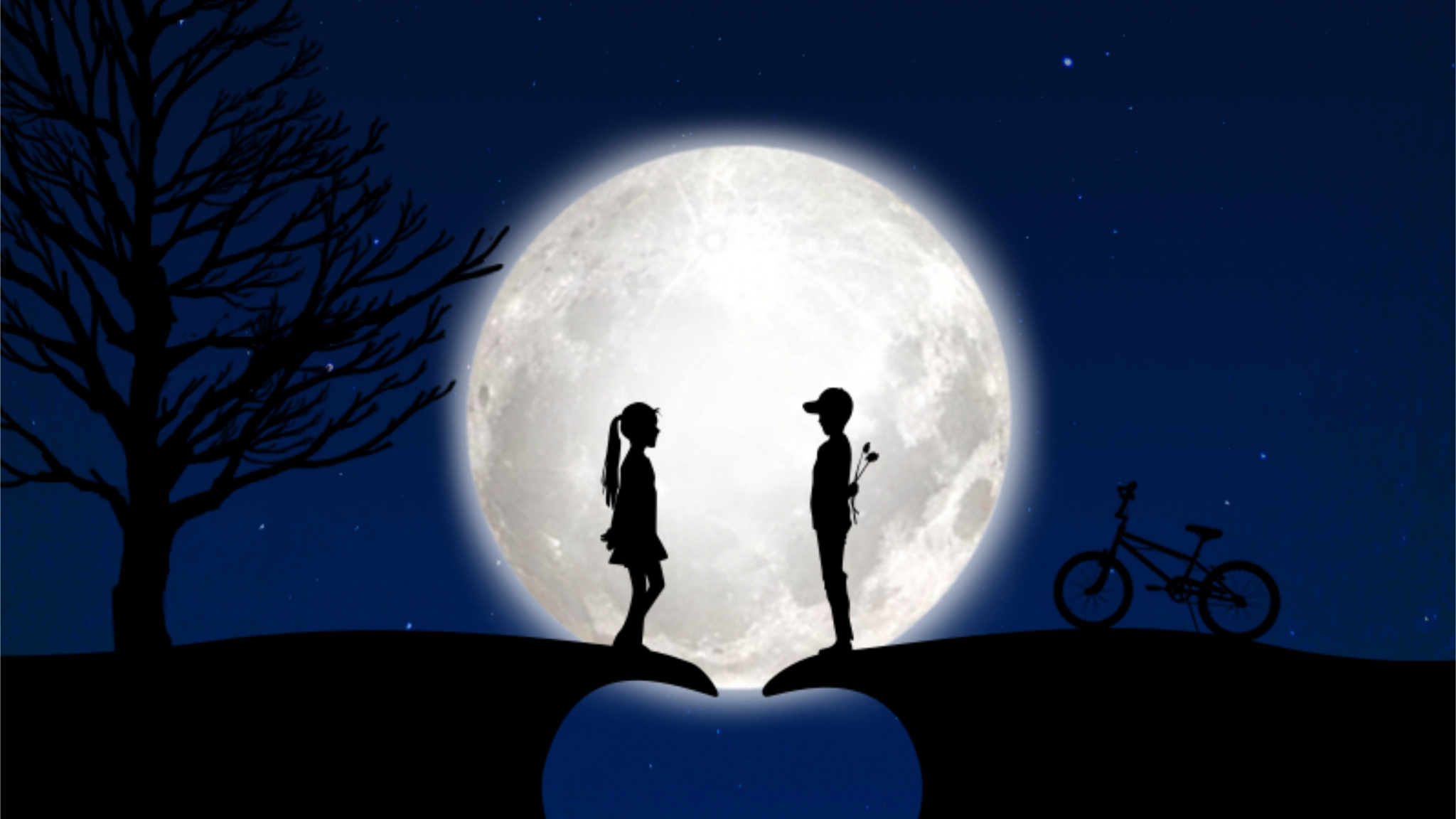 Download 2048x1152 Wallpaper Heart Moon Couple Silhouette